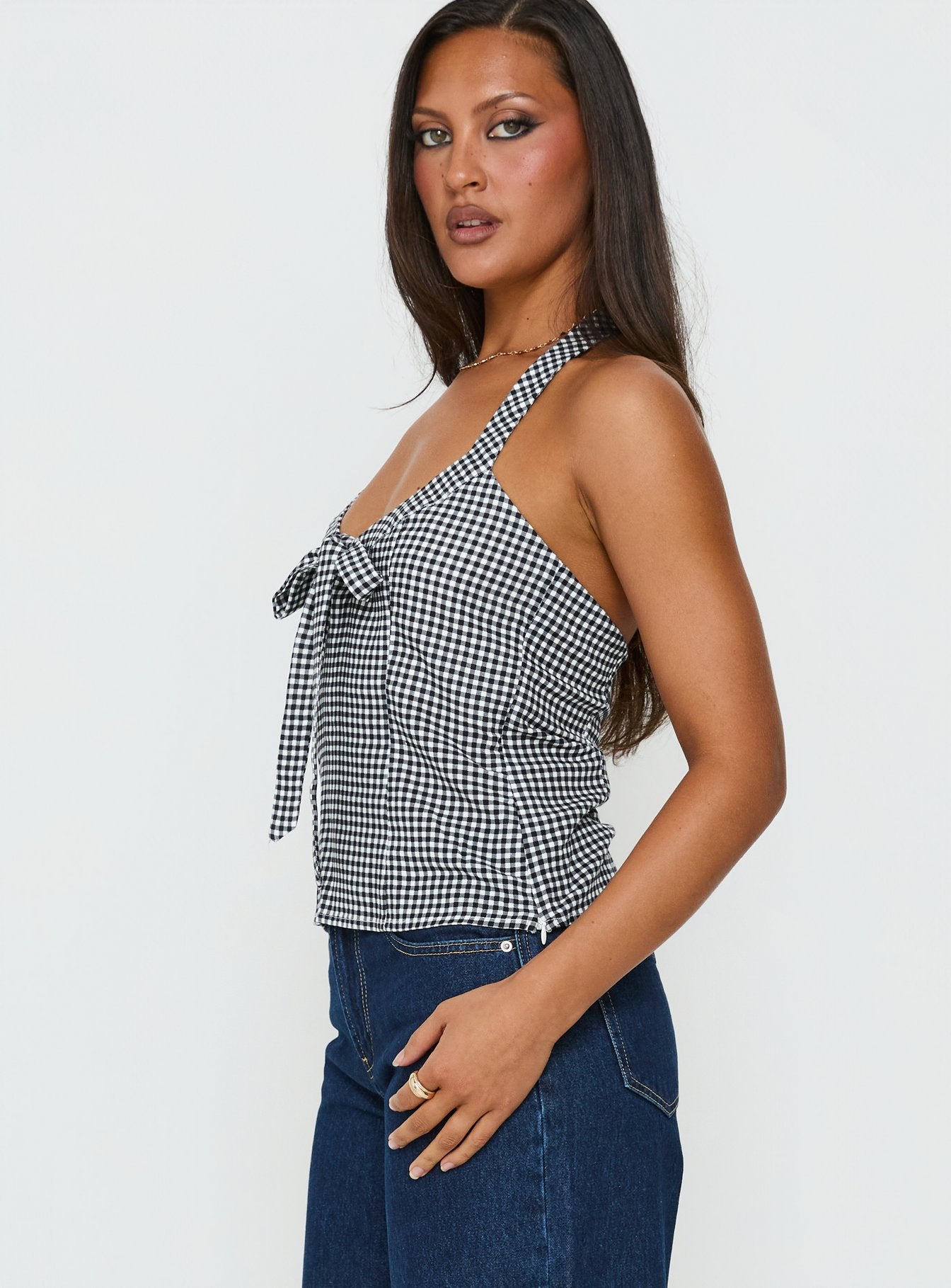 Puzzle Pieces Tie Detail Halter Top Black / White Gingham - Image 3