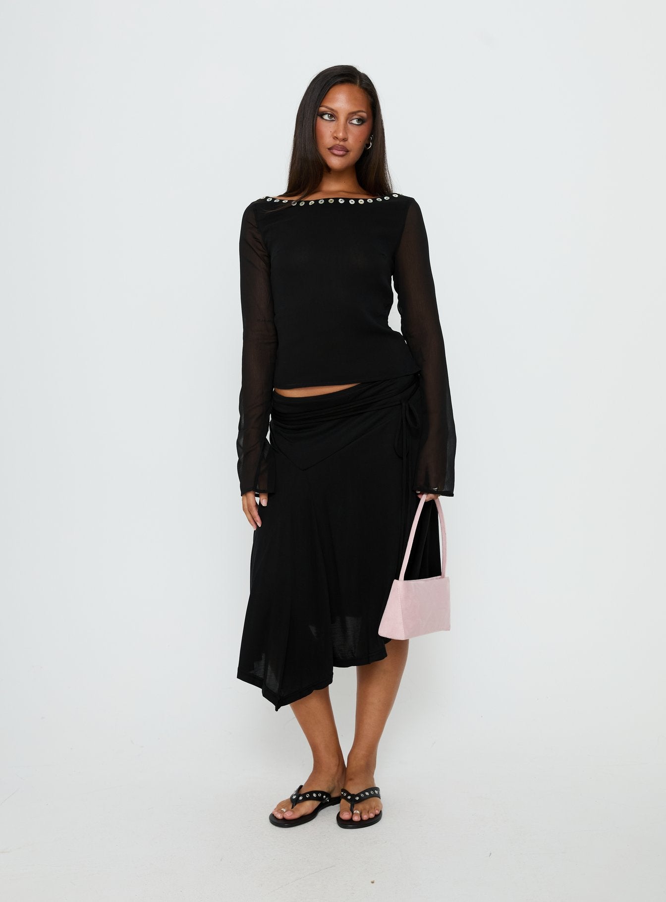 Joaney Tie Side Jersey Midi Skirt Black - Image 3