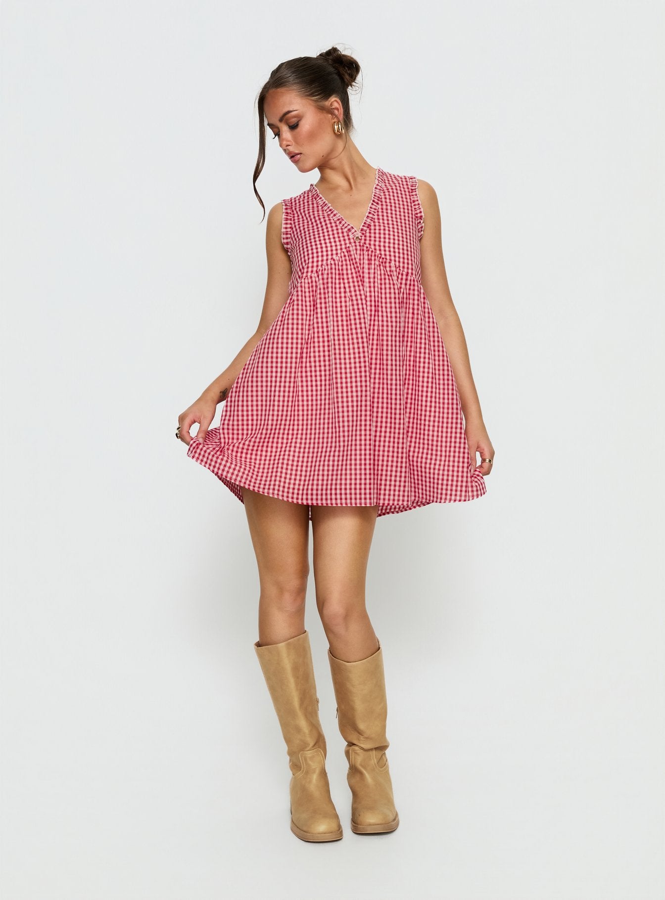 Akacia Babydoll Mini Dress Red Gingham - Image 2