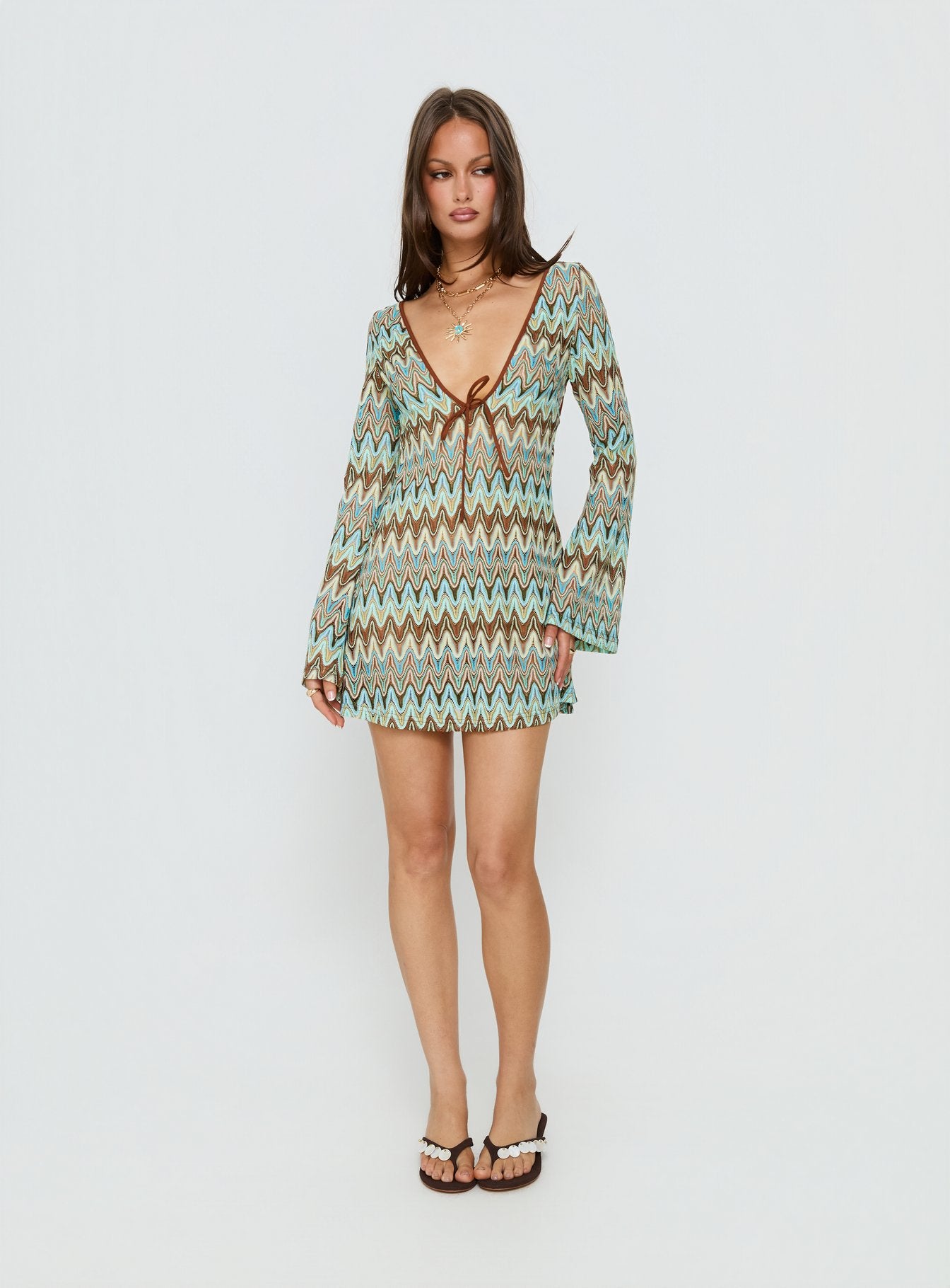 Rizario Long Sleeve Crochet Mini Dress Blue Multi - Image 3