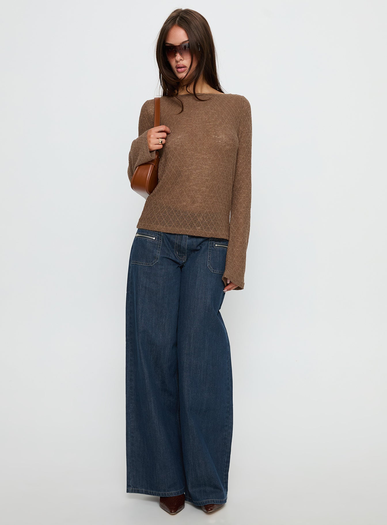 Tuppence Textured Long Sleeve Top Brown - Image 3