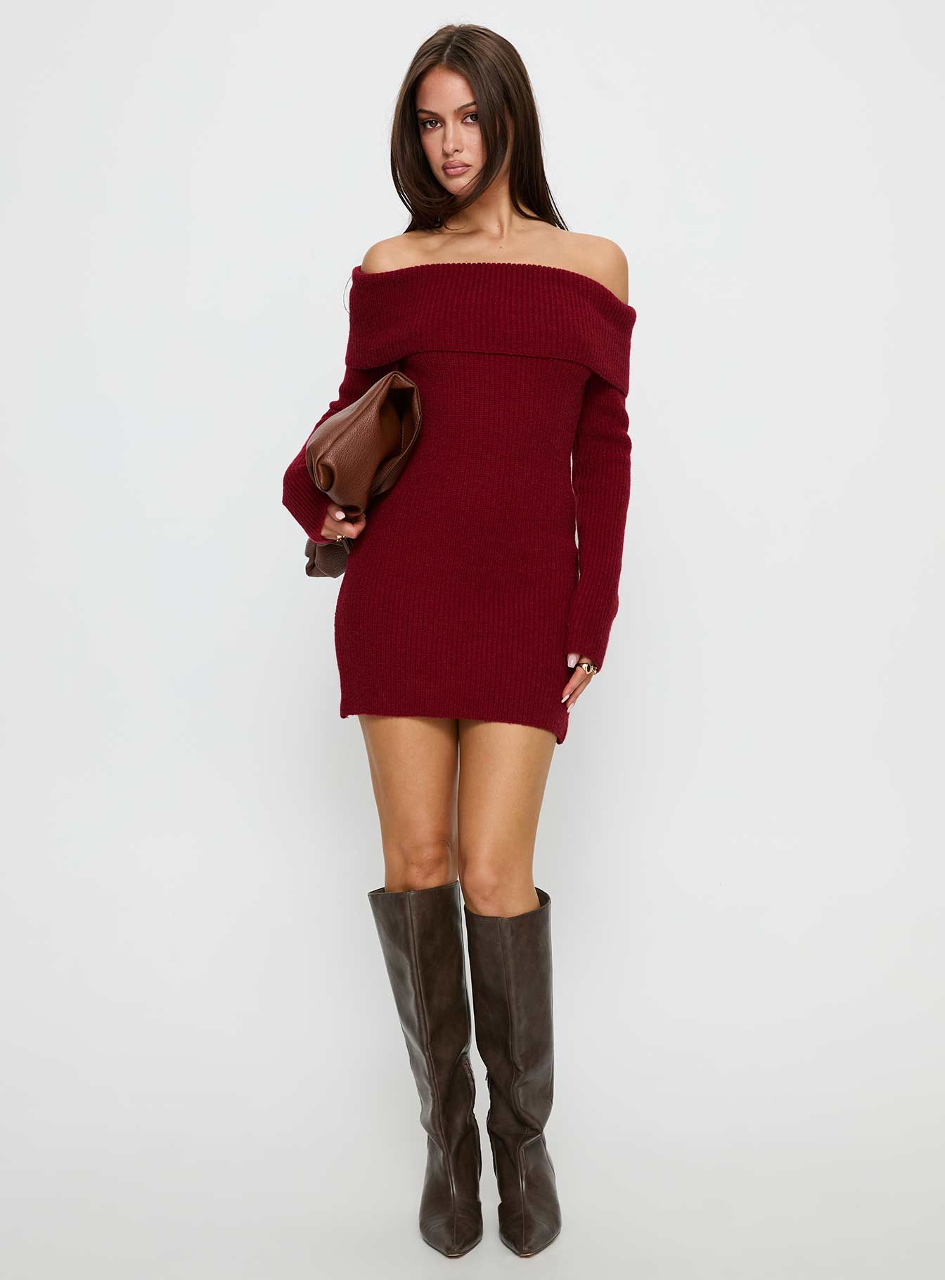 Noriko Long Sleeve Knit Mini Dress Burgundy - Image 3