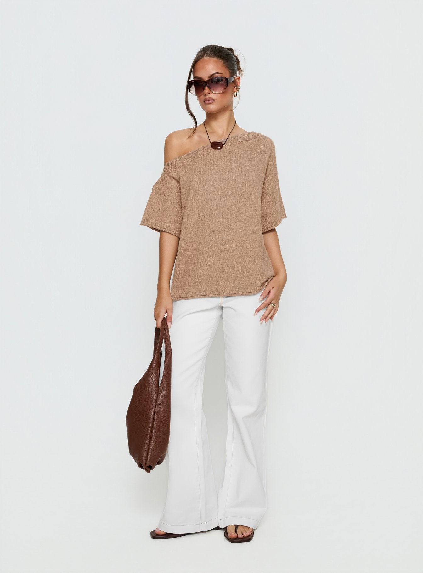 Kourta Off Shoulder Oversized Knit Top Mocha - Image 2