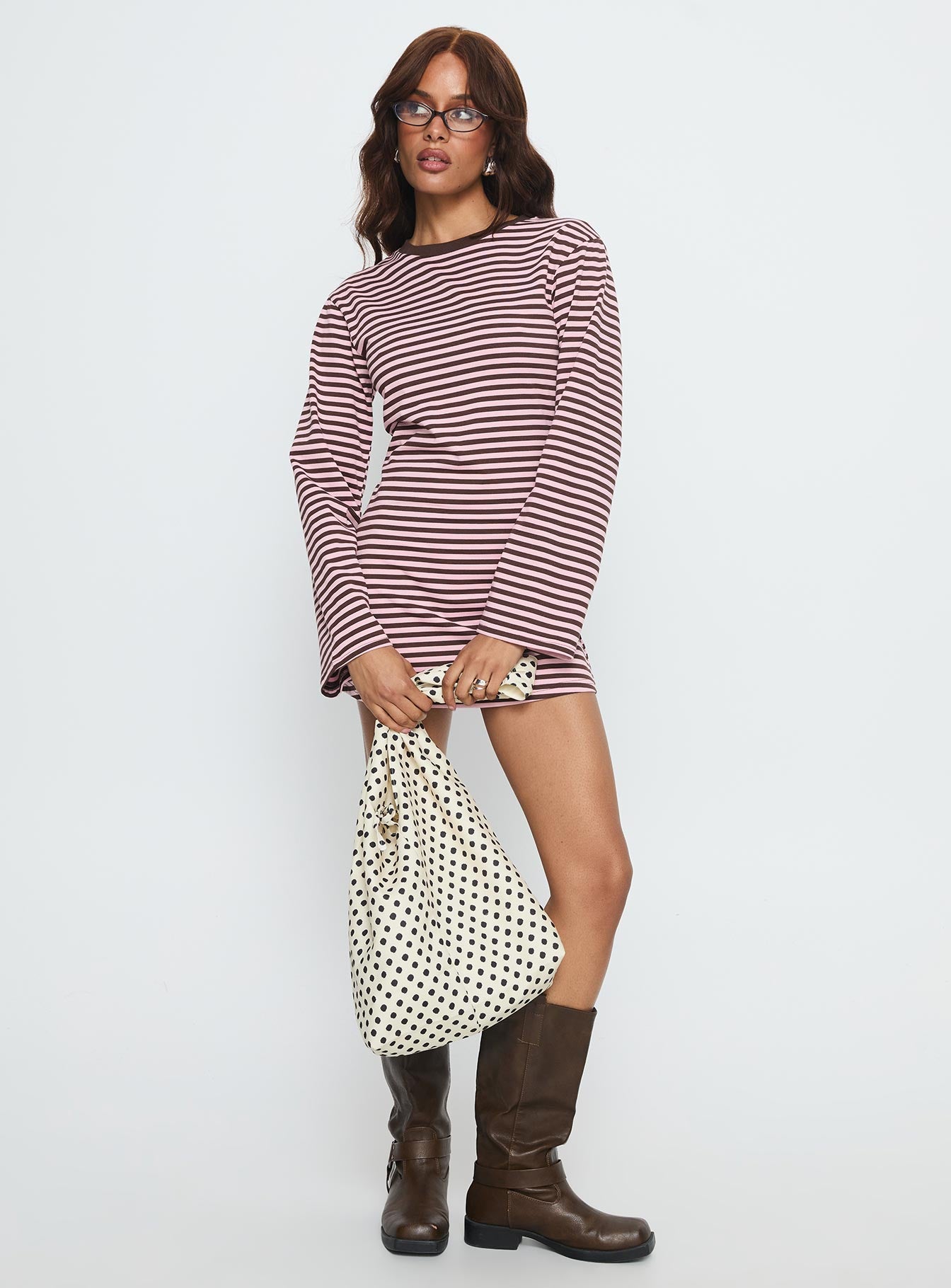 Lulolah Long Sleeve Mini Dress Chocolate / Pink Stripe - Image 2
