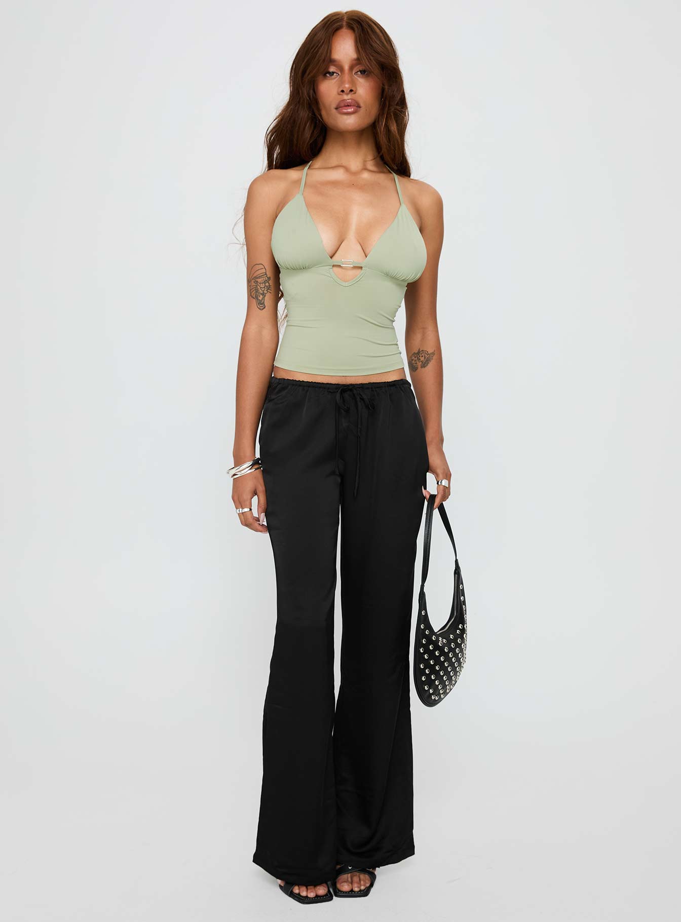 Vanille Tie Waist Satin Pants Black - Image 2
