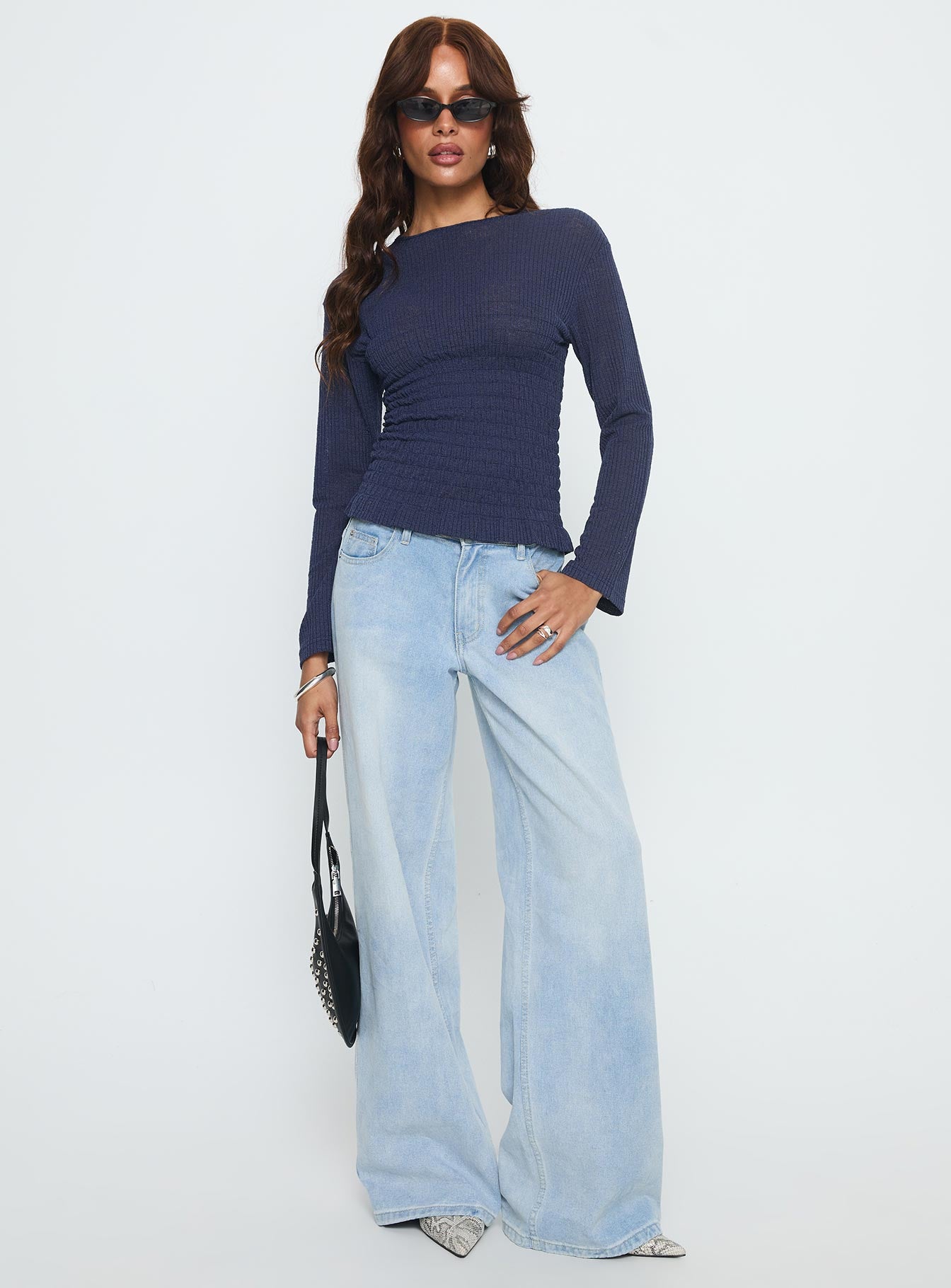 Bradly Shirred Long Sleeve Top Navy - Image 3