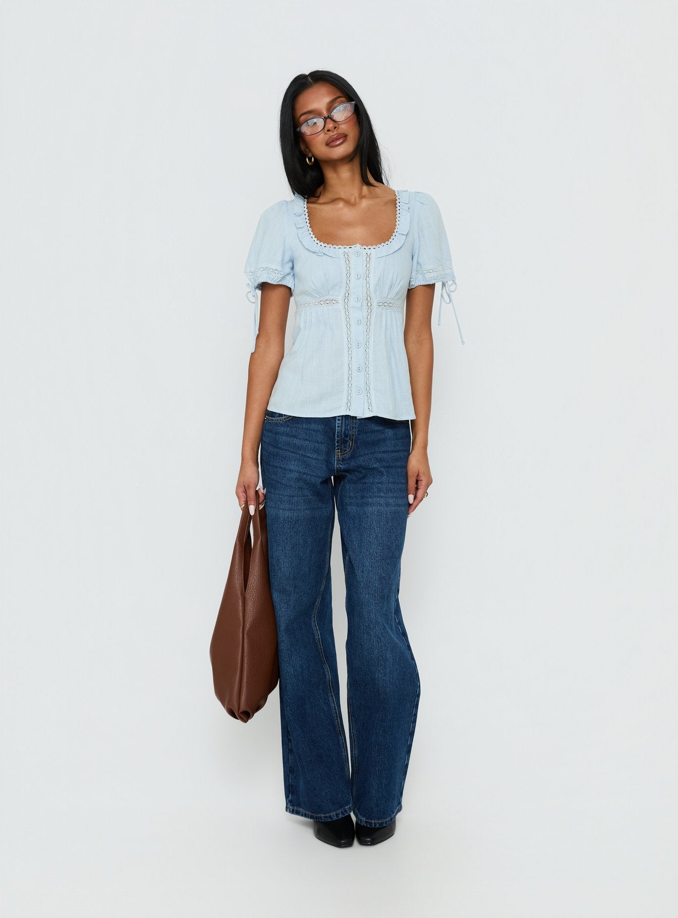 Indianah Pleat Lace Panel Blouse Top Blue - Image 3