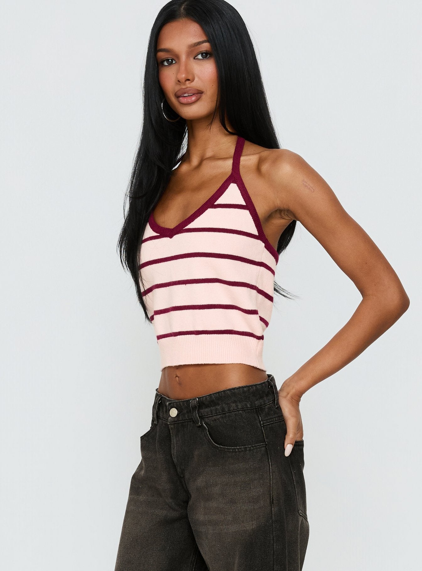 Is It True Halter Neck Top Pink / Burgundy Stripe - Image 3