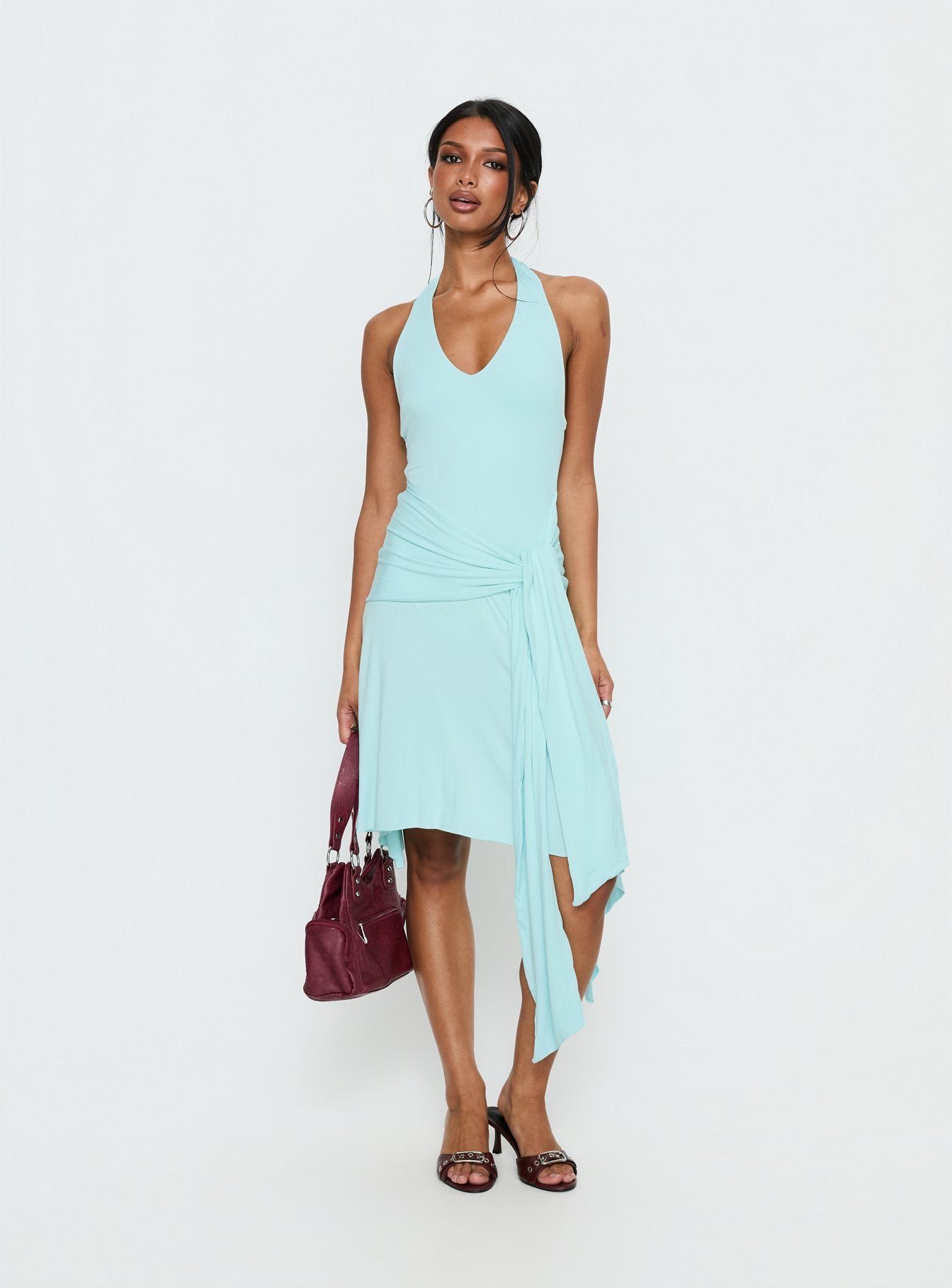 Moonlit Honey Asymmetrical Halter Jersey Midi Dress Turquoise - Image 3