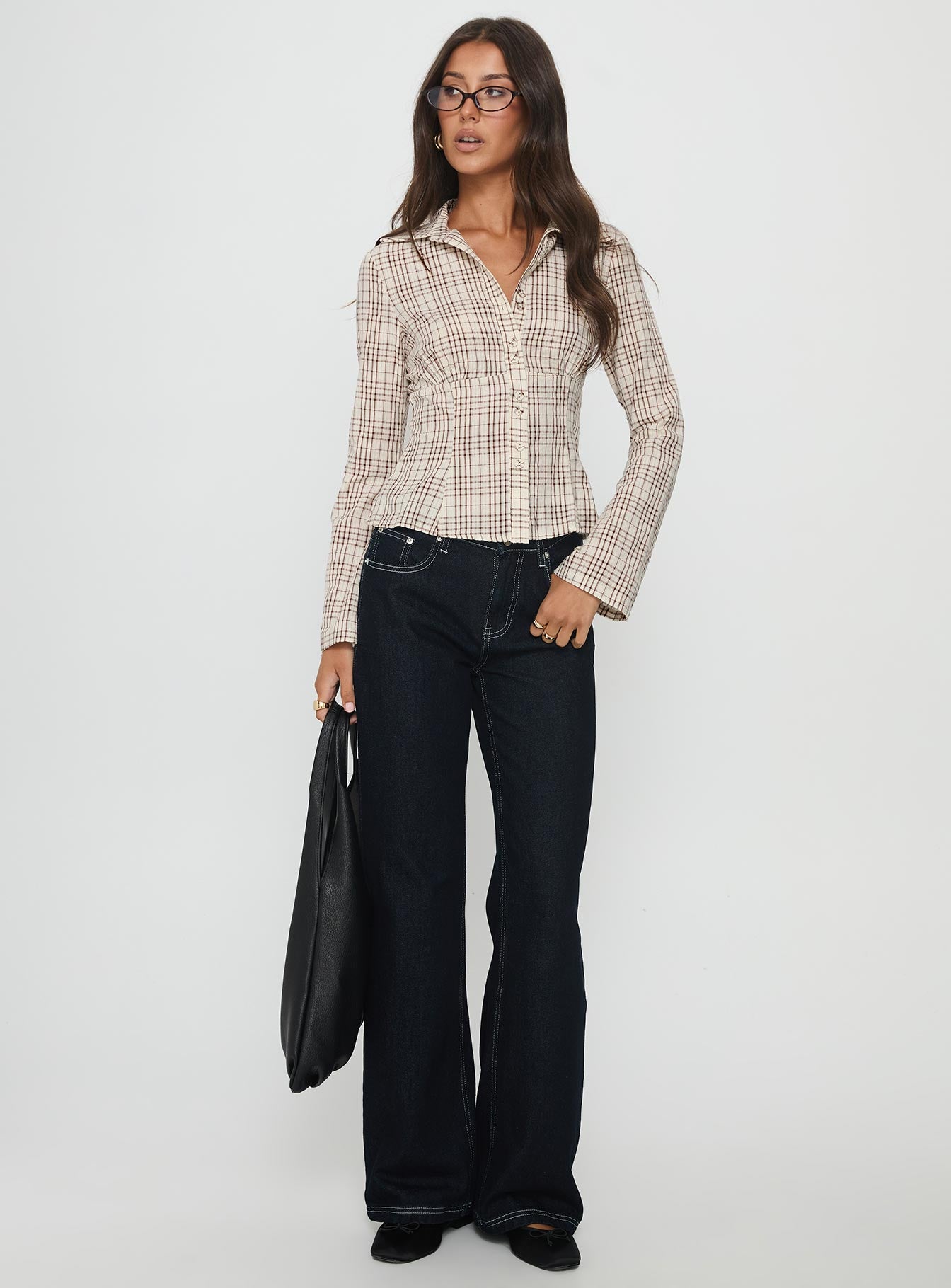 Cottesloe Long Sleeve Blouse Top Brown Check - Image 3