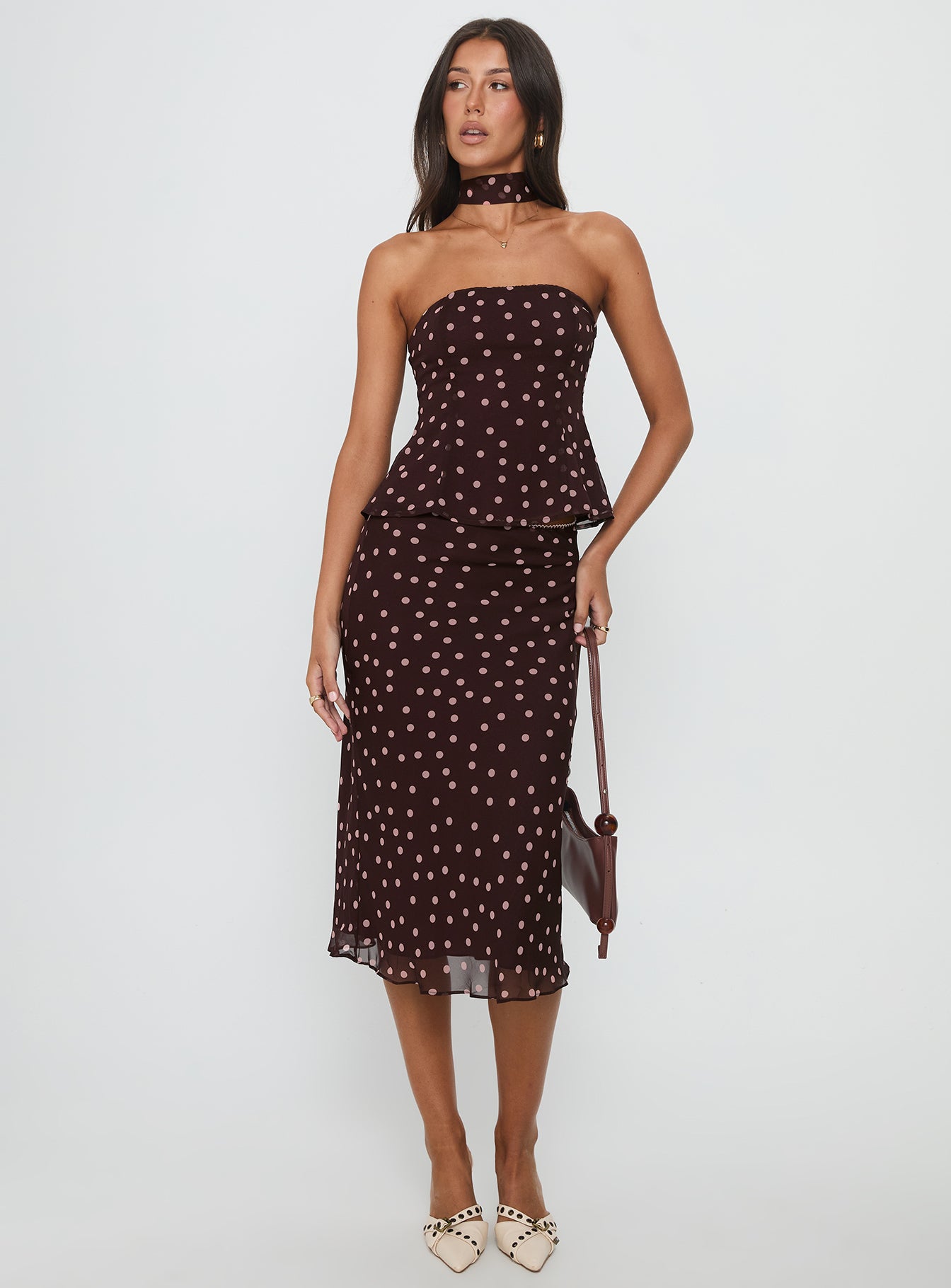 Sydni Midi Bias Cut Skirt Chocolate / Pink Polka - Image 3