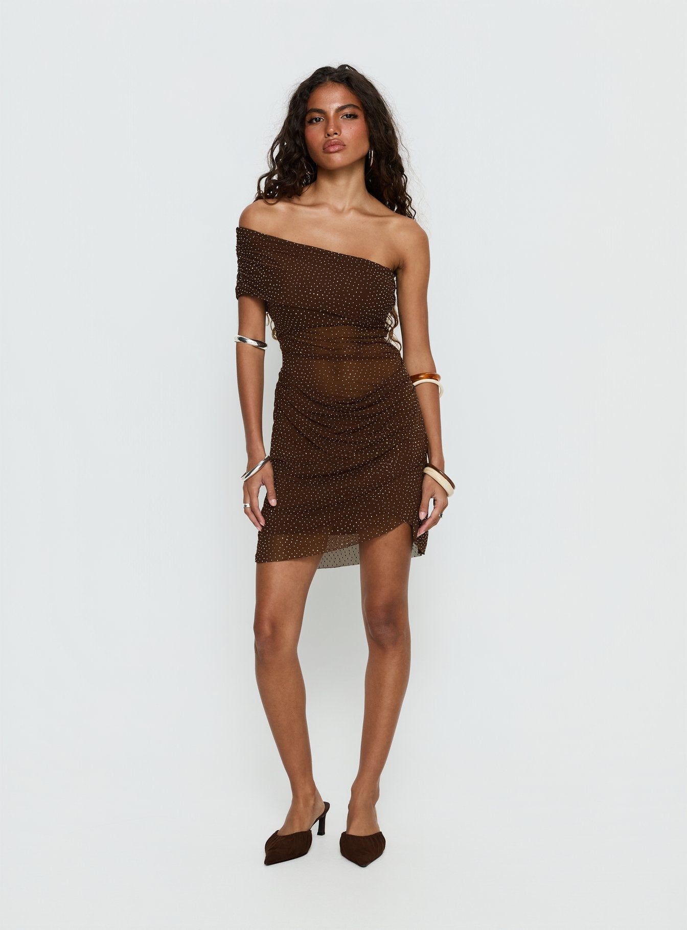 Adriessa One Shoulder Sheer Mini Dress Dark Brown Shimmer - Image 3