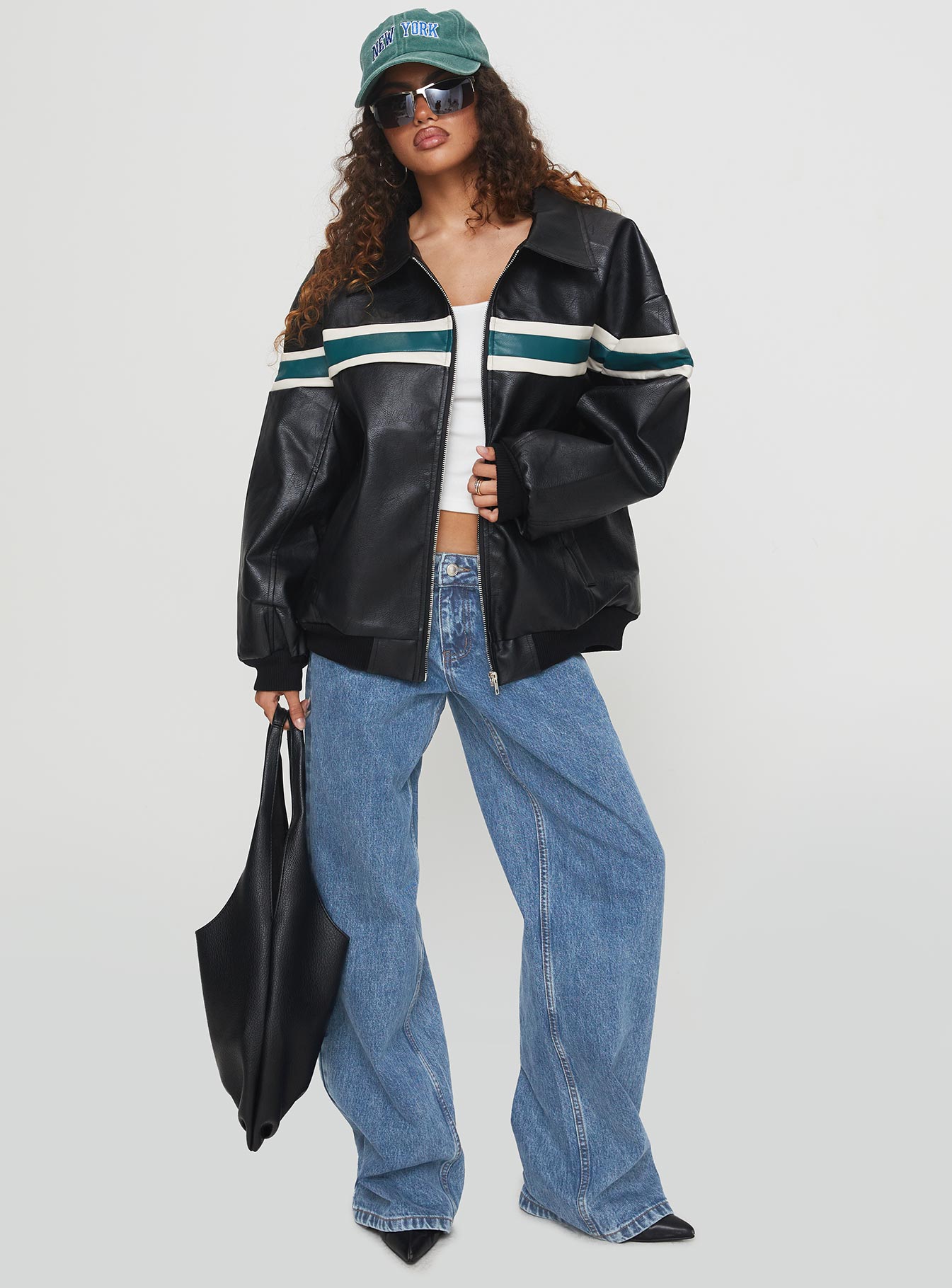 Goldsmith Faux Leather Bomber Jacket Black / Green - Image 3
