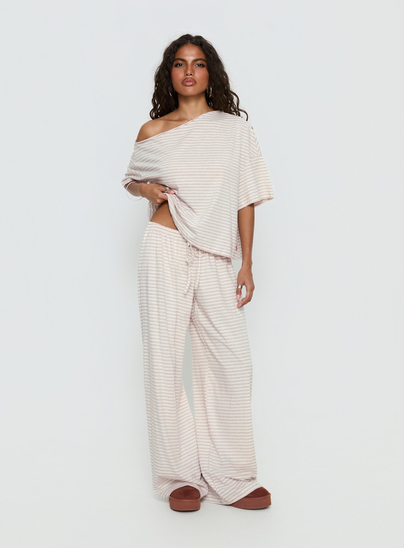 Tobie Off Shoulder Sleep Set Beige Stripe - Image 3