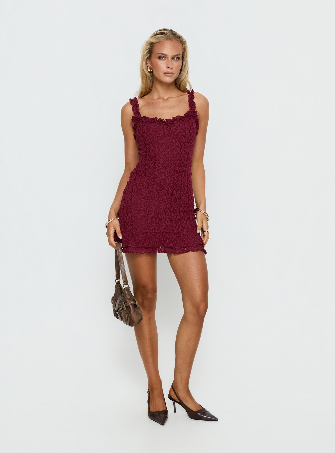 Steffi Frill Lace Mini Dress Burgundy - Image 2