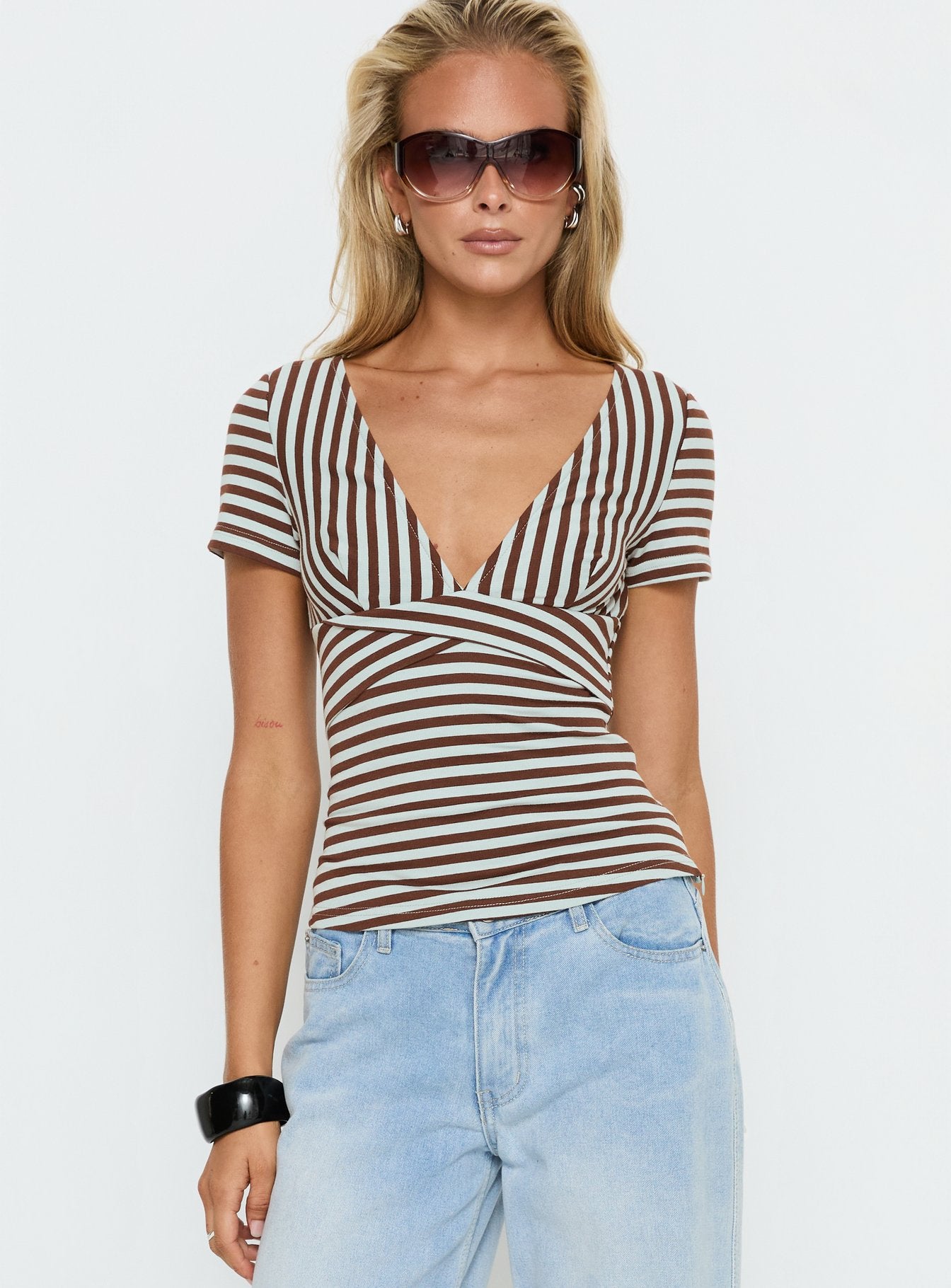 Madelon Short Sleeve Wrap Top Brown / Blue Stripe - Image 4