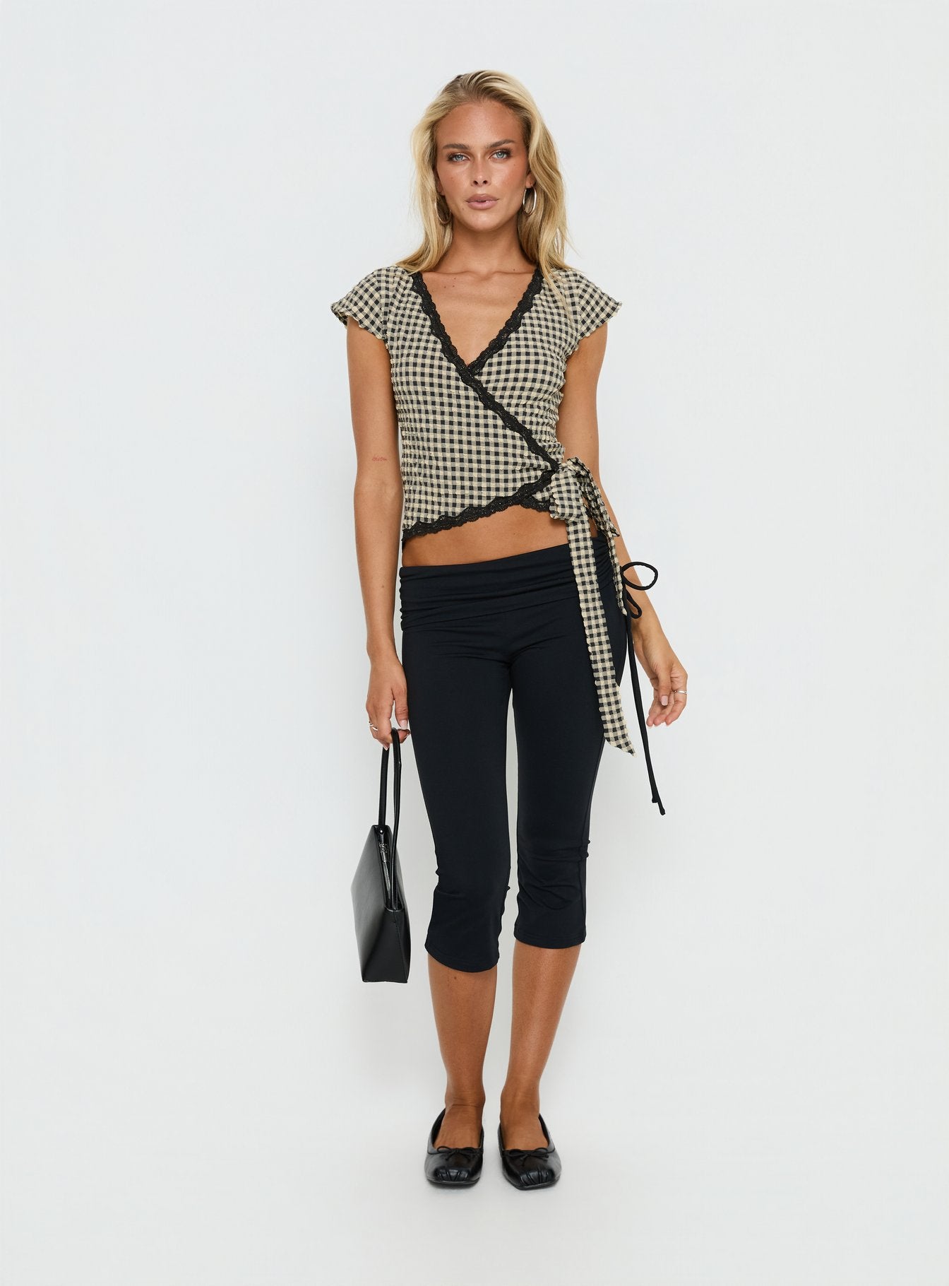 Meltwater Lace Trim Wrap Detail Top Black Check - Image 2