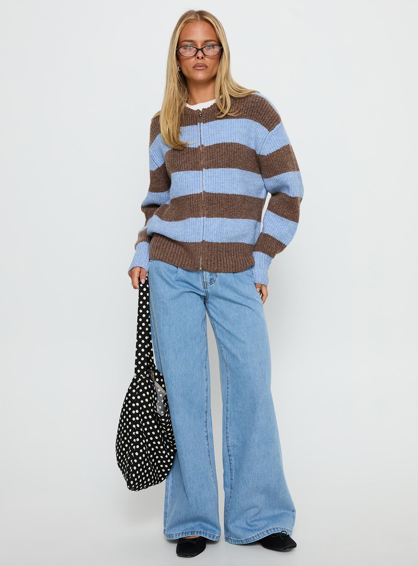 Queena Zip Through Knit Sweater Blue Stripe - Image 3