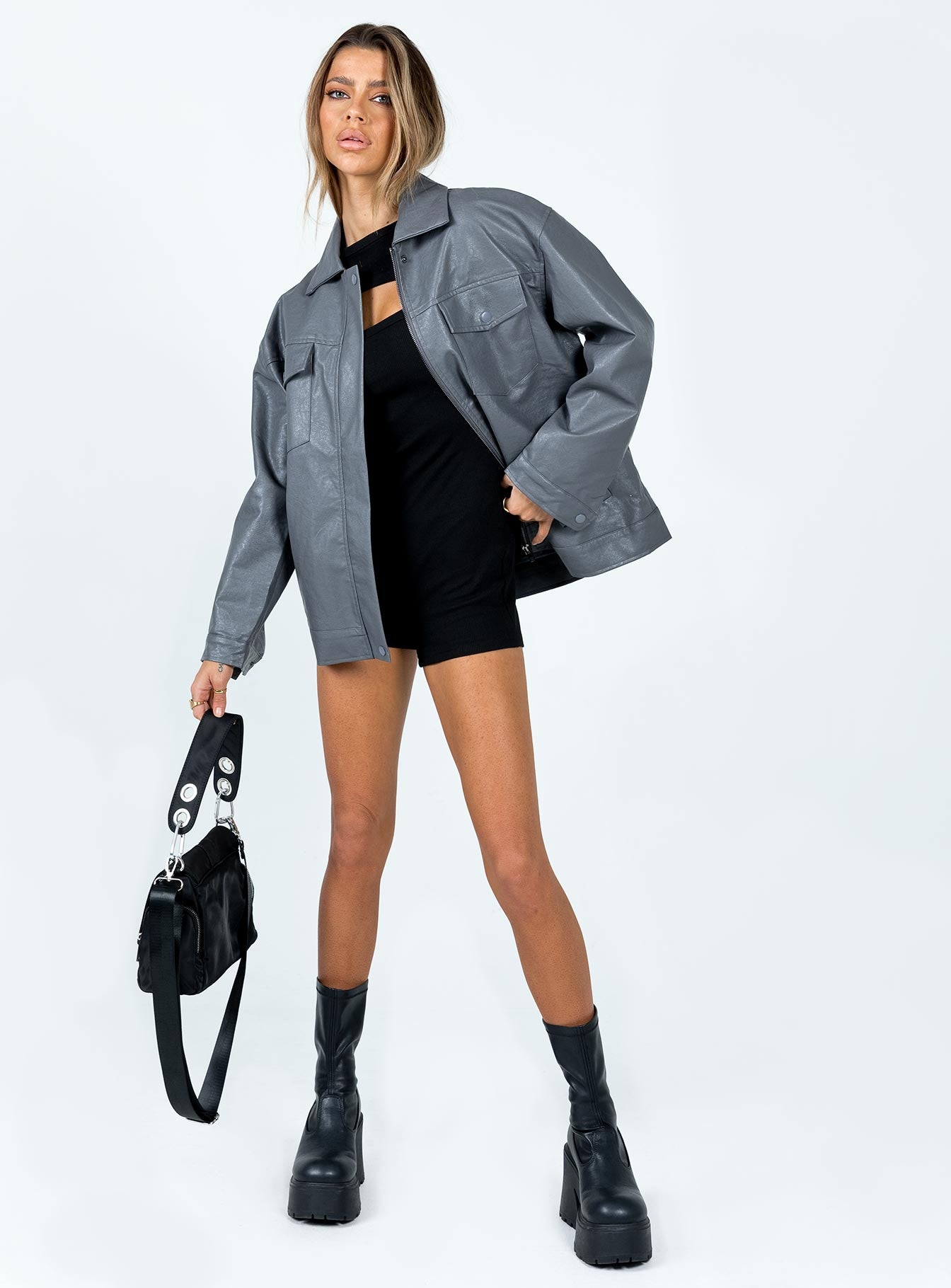 Callie Faux Leather Jacket Grey - Image 3
