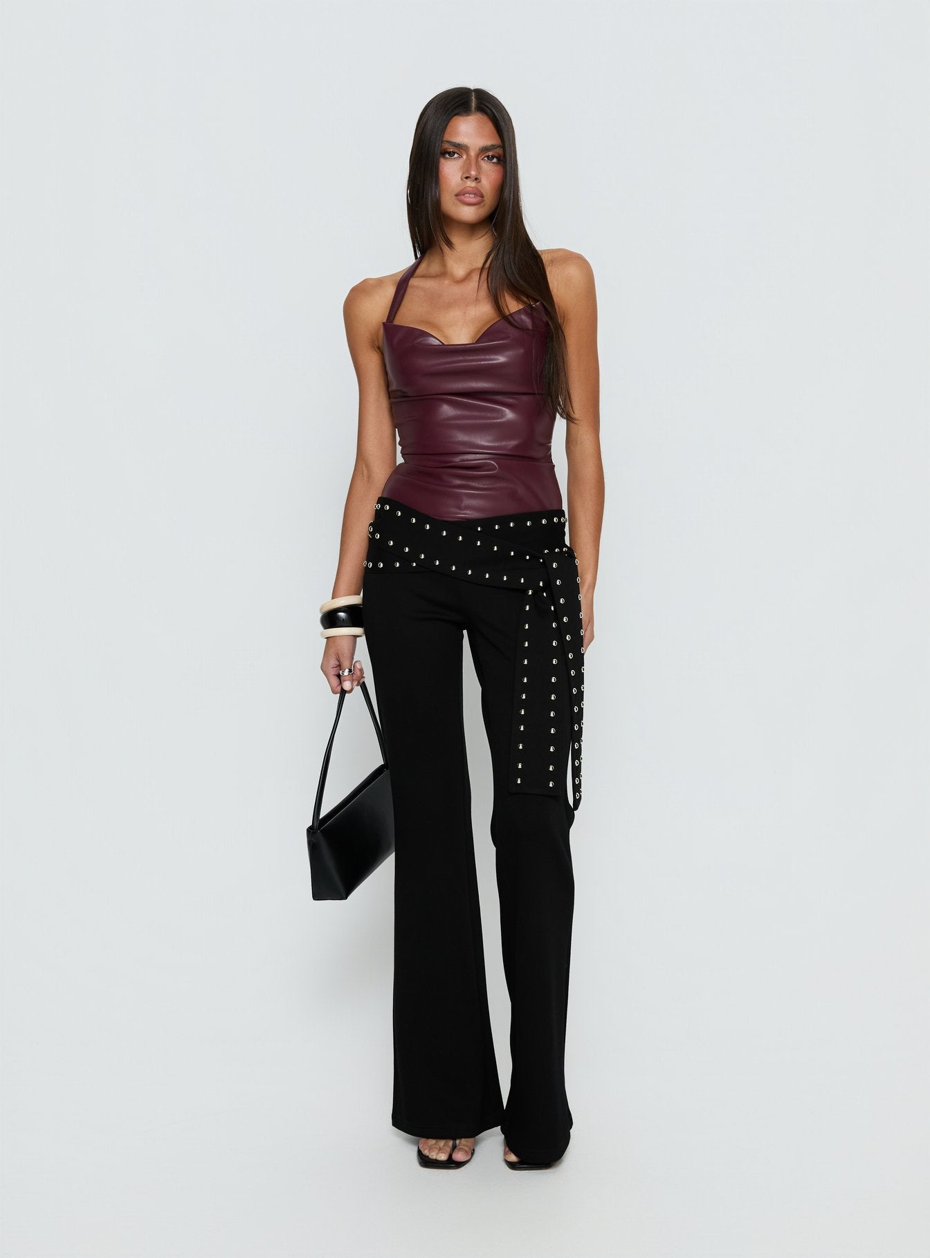 Thunderbolt Faux Leather Cowl Neck Top Plum - Image 3