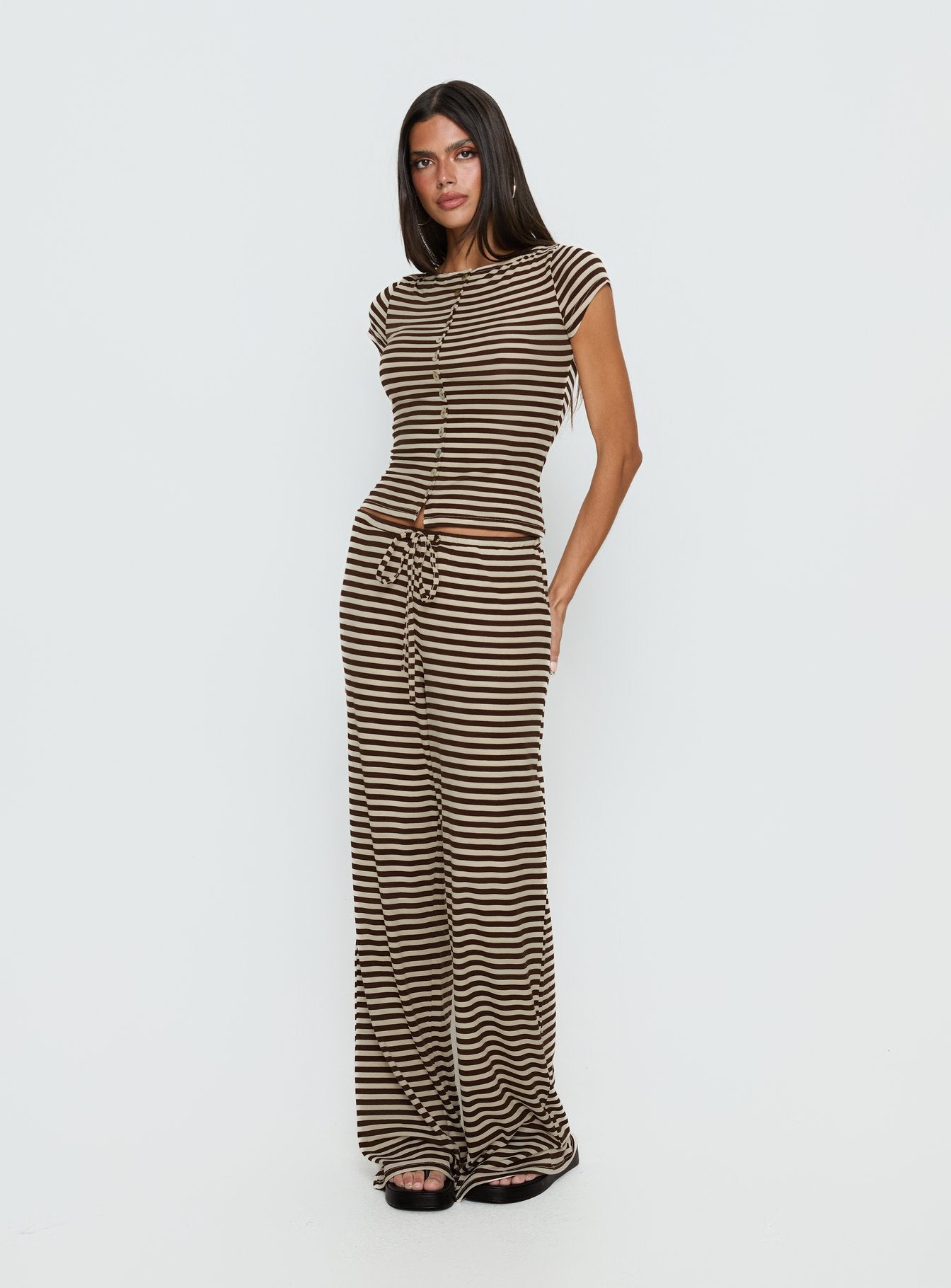 Gavrielle Jersey Wide Leg Pants Chocolate / Cream Stripe - Image 3