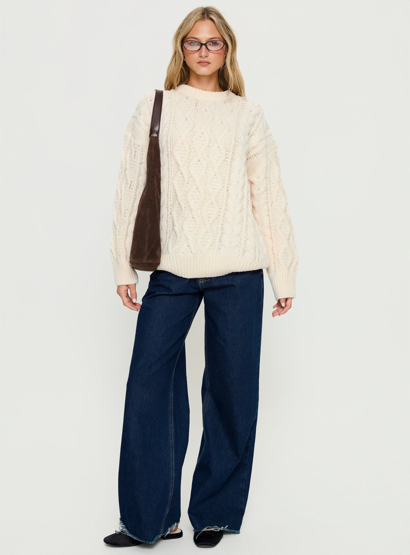 Rorey Cable Knit Crew Neck Sweater White - Image 3