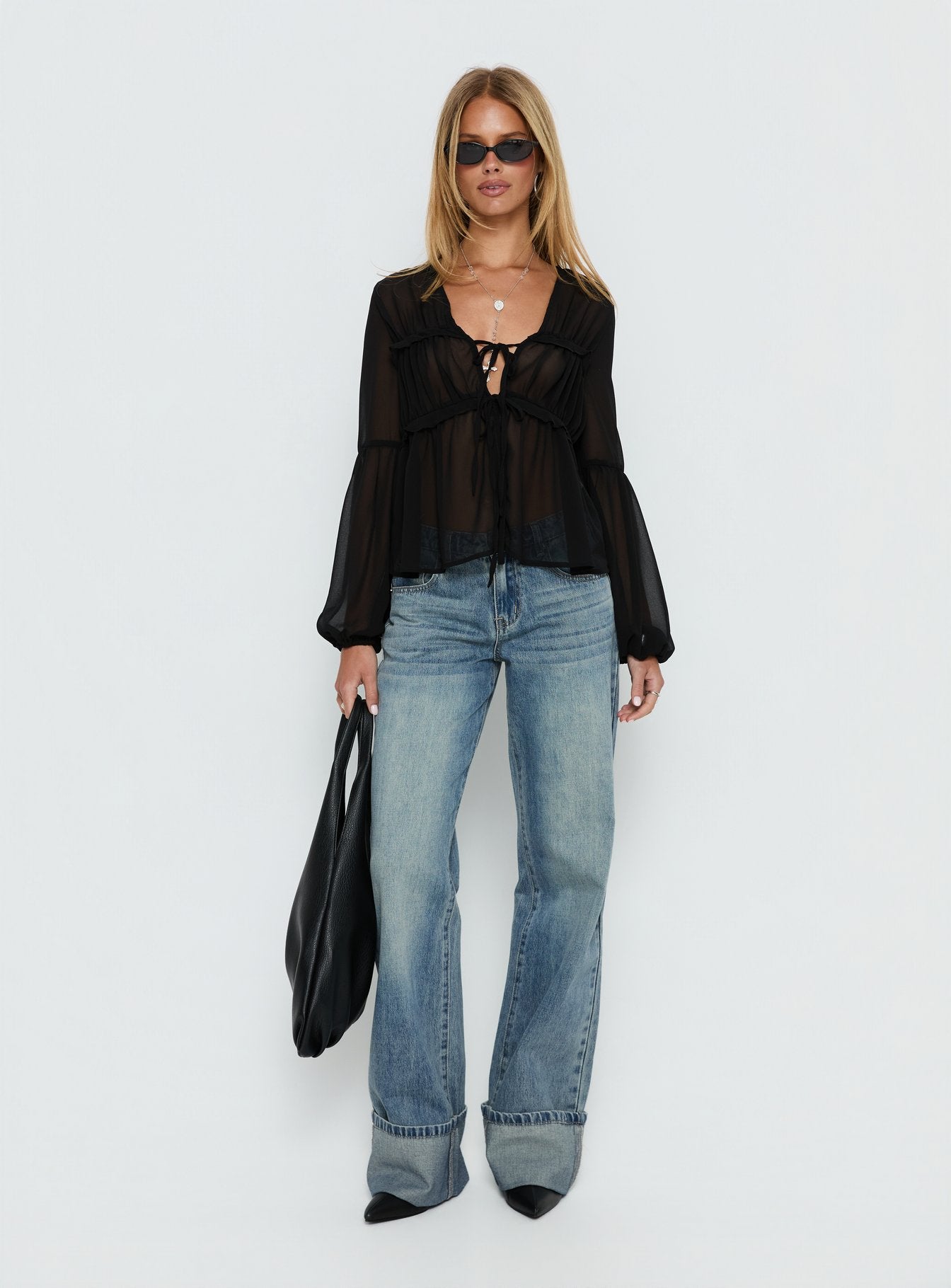 Palapa Tie Detail Sheer Long Sleeve Top Black - Image 2