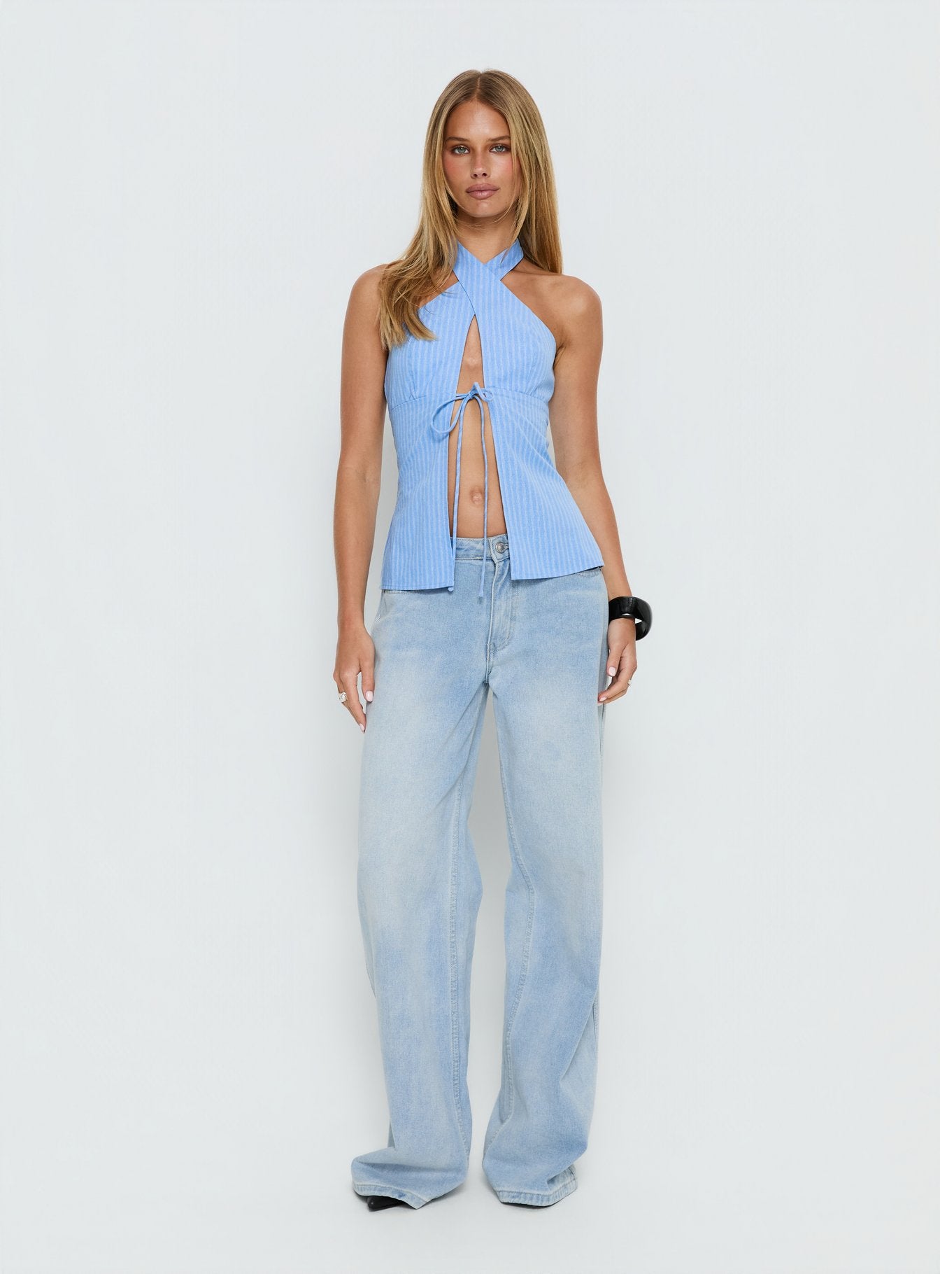 Sensational Cross Front Tie Detail Top Blue Stripe - Image 2
