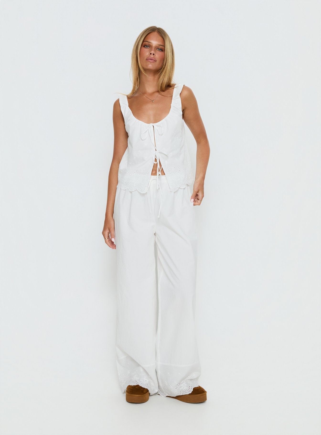 Kissed Chaos Broderie Anglais Tie Waist Pants White - Image 3