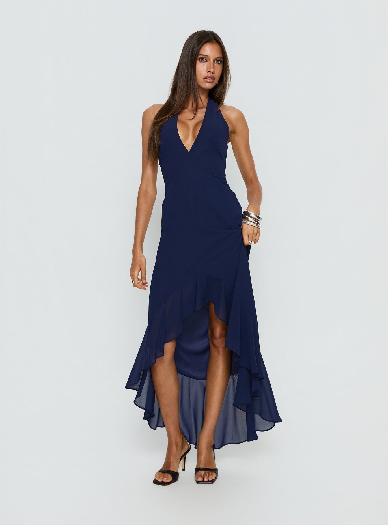 Agata Halter Frill Maxi Dress Navy - Image 3