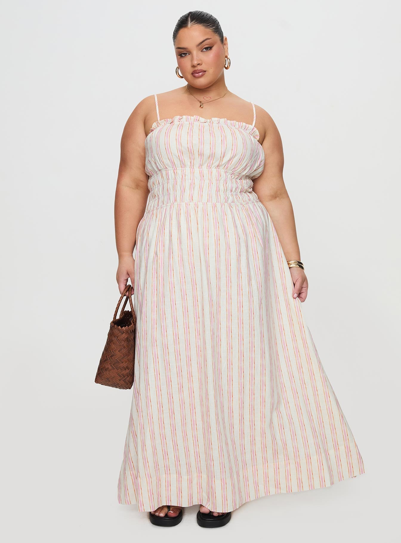 Persephone Shirring Linen Maxi Dress Pink Stripe Curve - Image 3