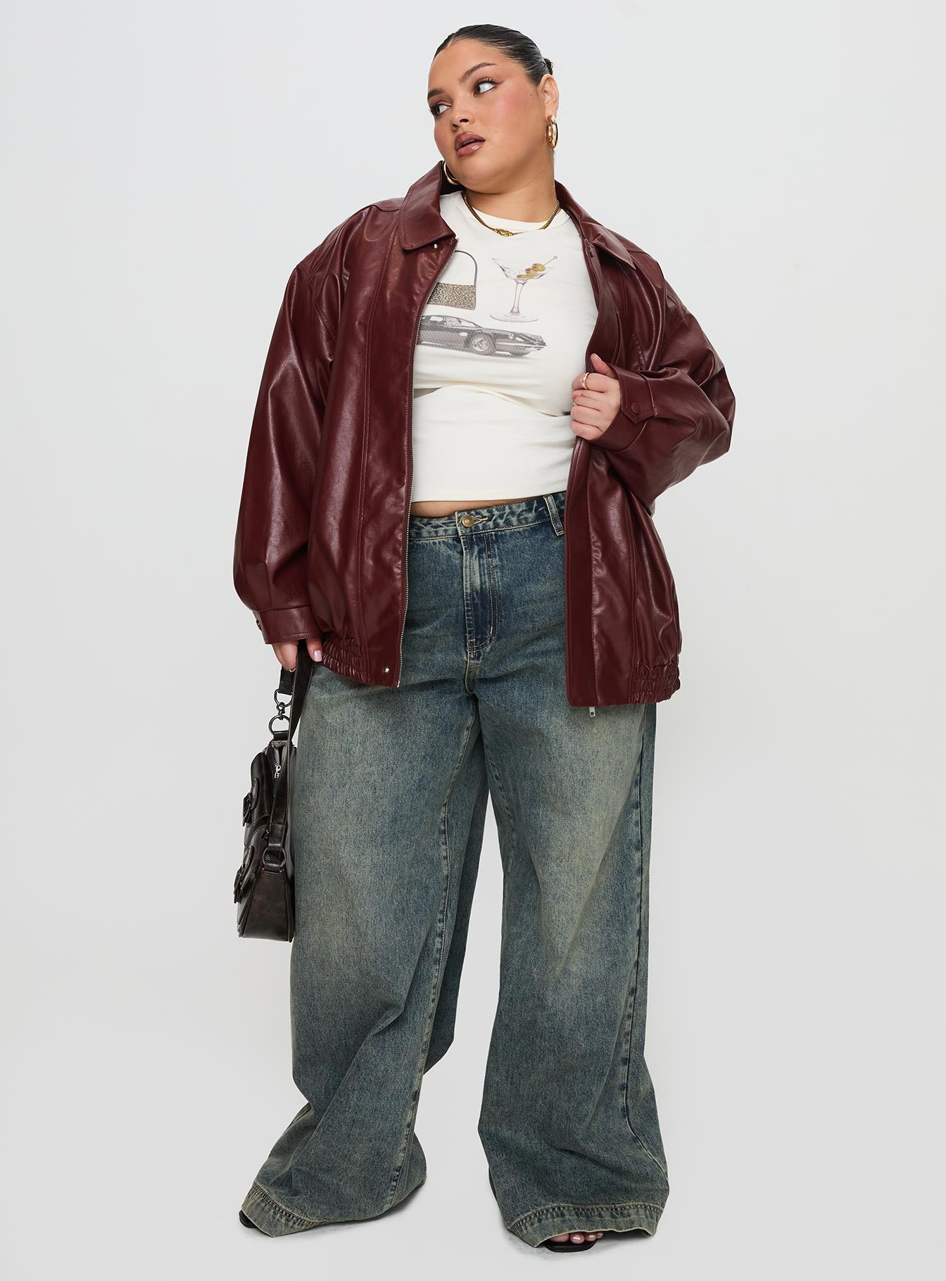 Devija Faux Leather Jacket Burgundy Curve - Image 3
