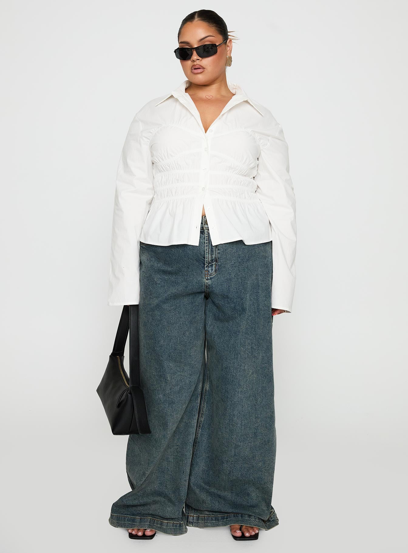 Liesel Shirred Long Sleeve Top White Curve - Image 3