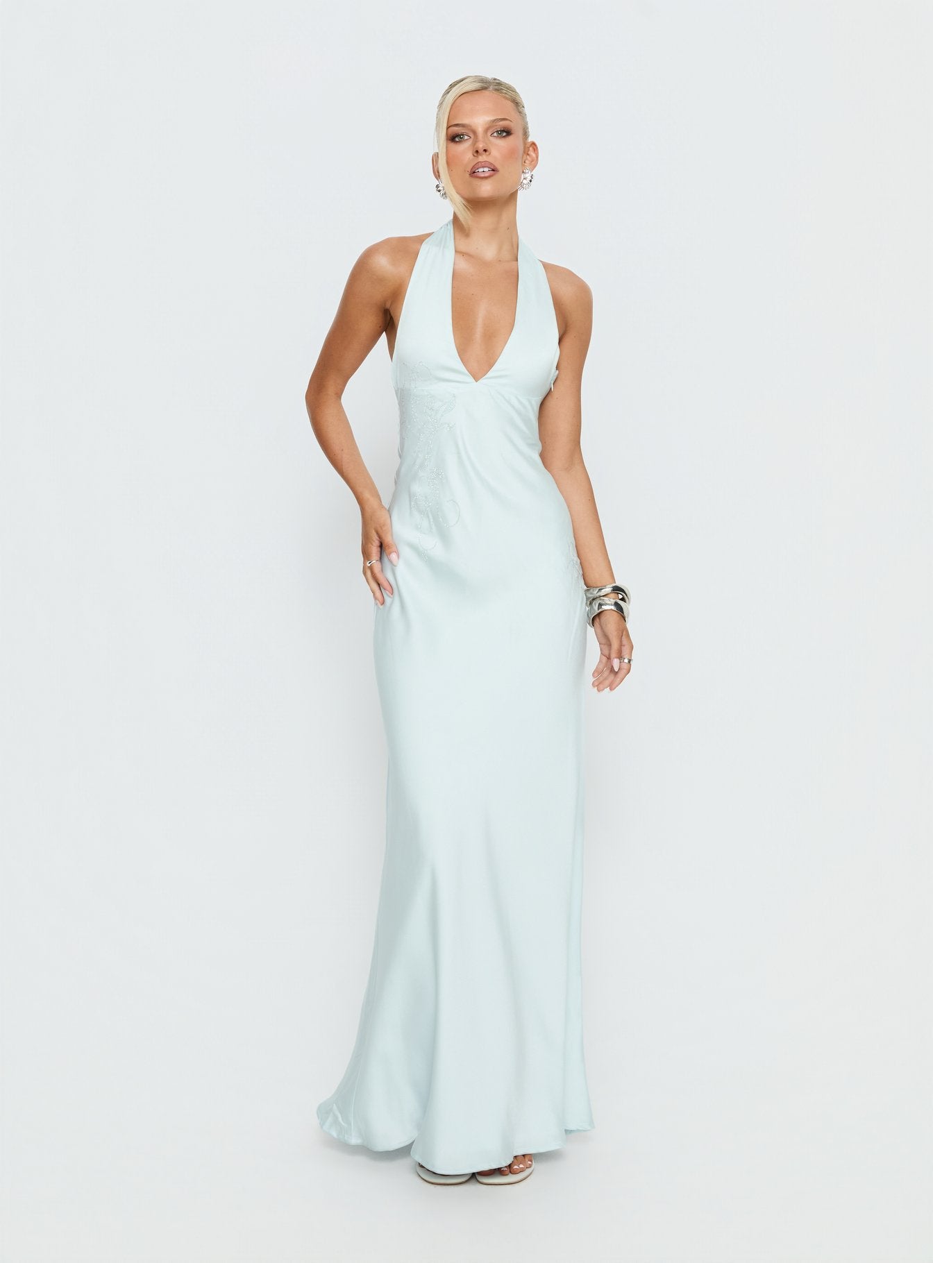 Strawberry Clouds Hotstone Satin Maxi Dress Icy Blue - Image 3