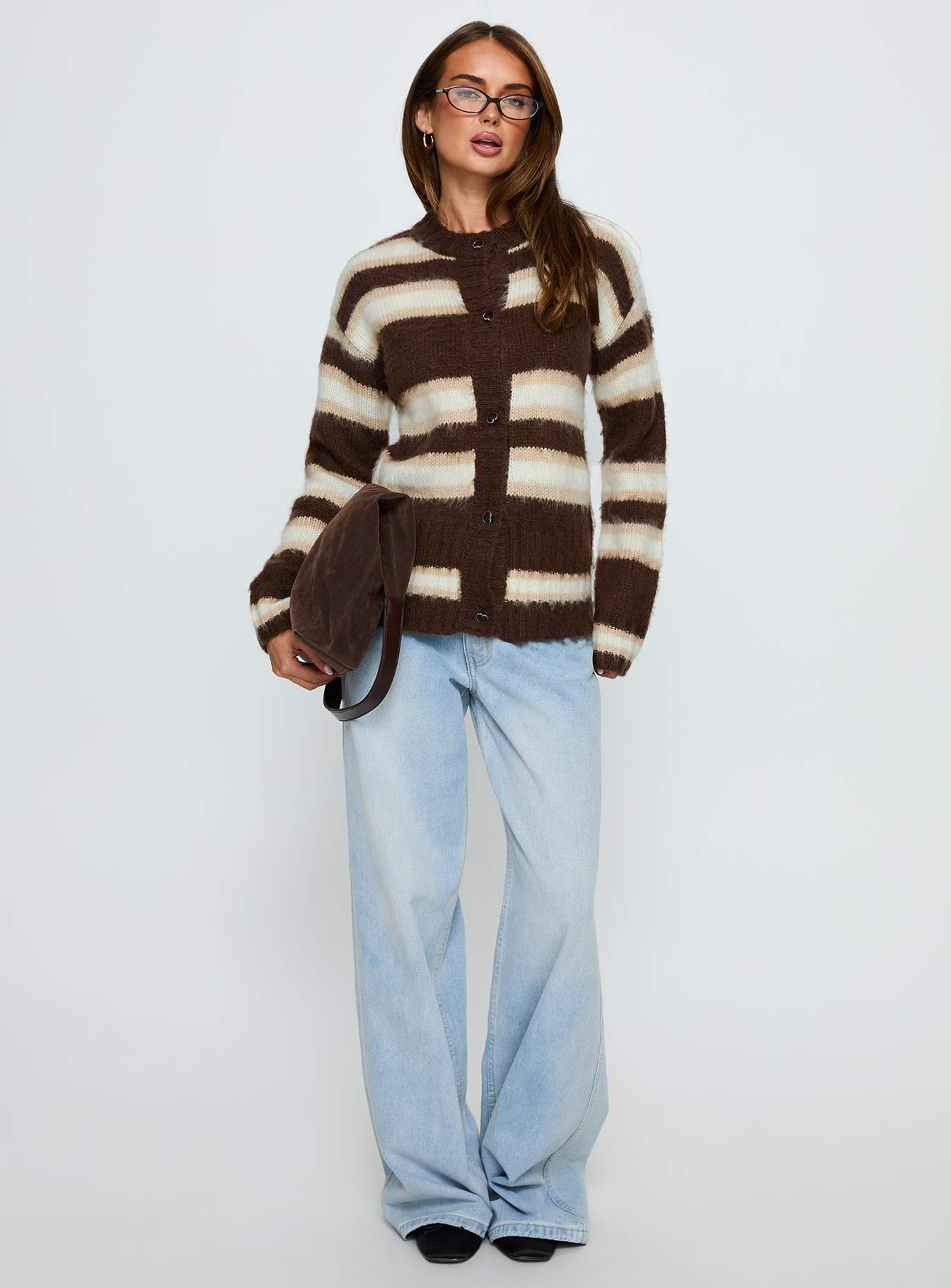 Cultivated Fluffy Knit Cardigan Brown Stripe - Image 3