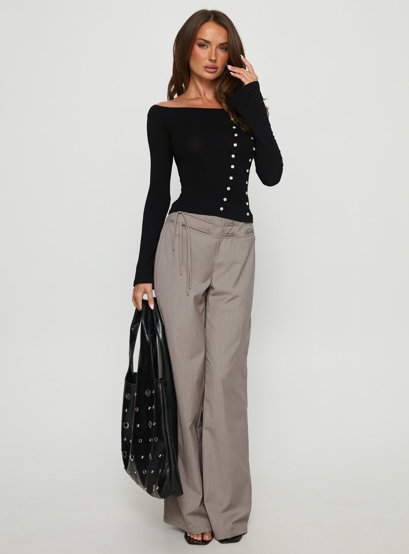 Jillianna Button Detail Off Shoulder Top Black - Image 2
