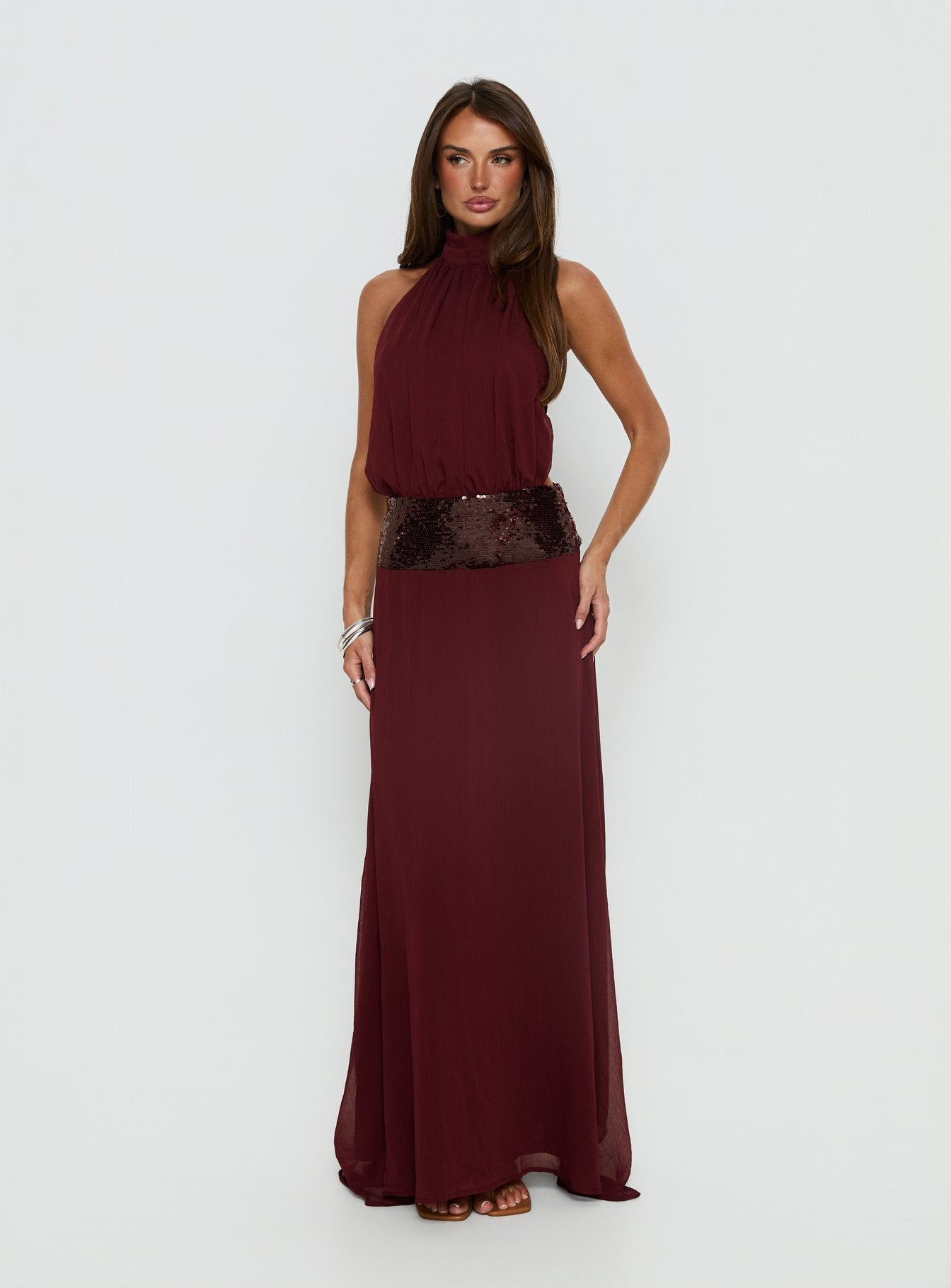 Darwinn Drop Waist Sequin Detail Maxi Dress Burgundy - Image 3