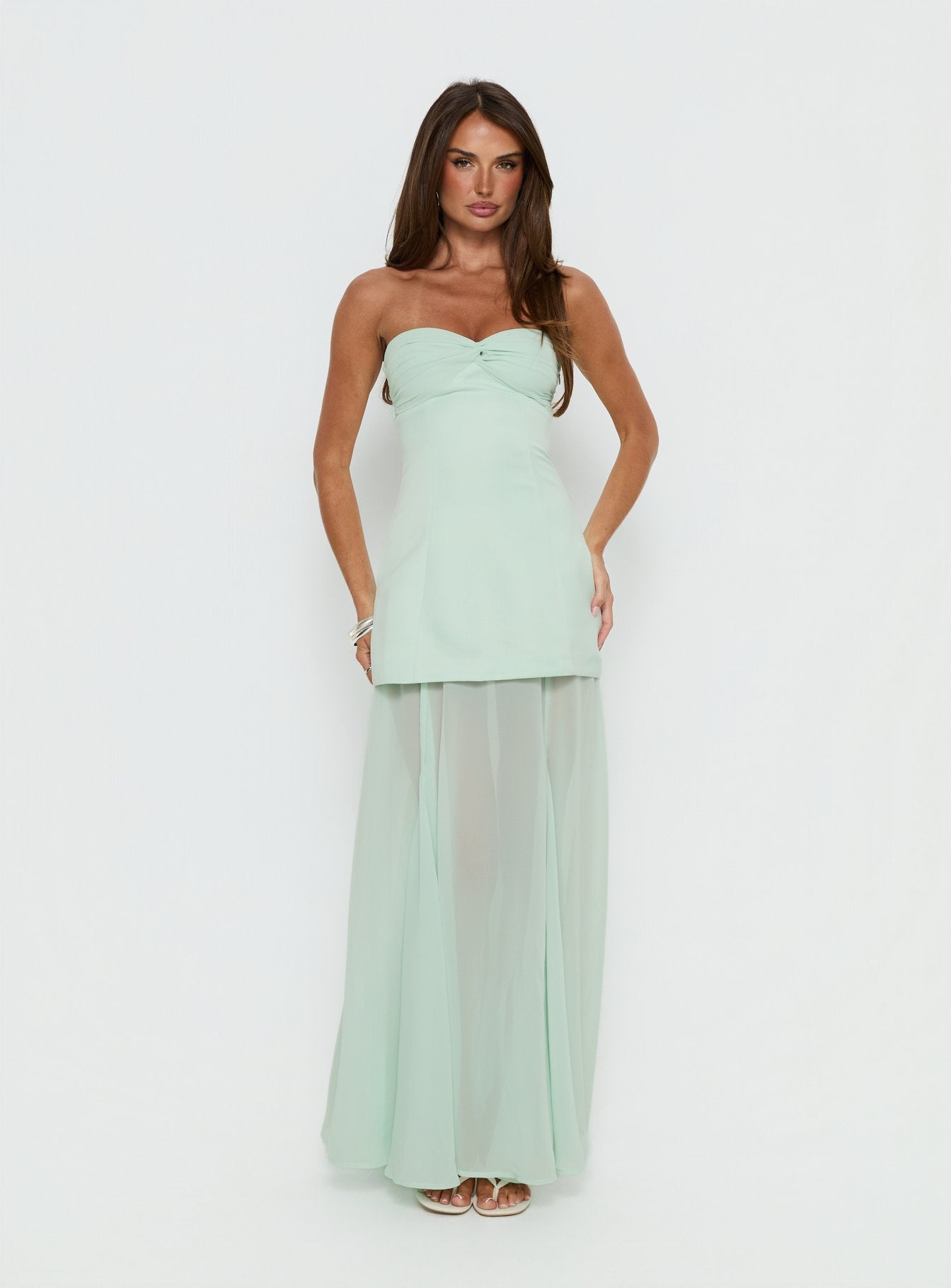 Flashy Sheer Chiffon Strapless Maxi Dress Green - Image 3