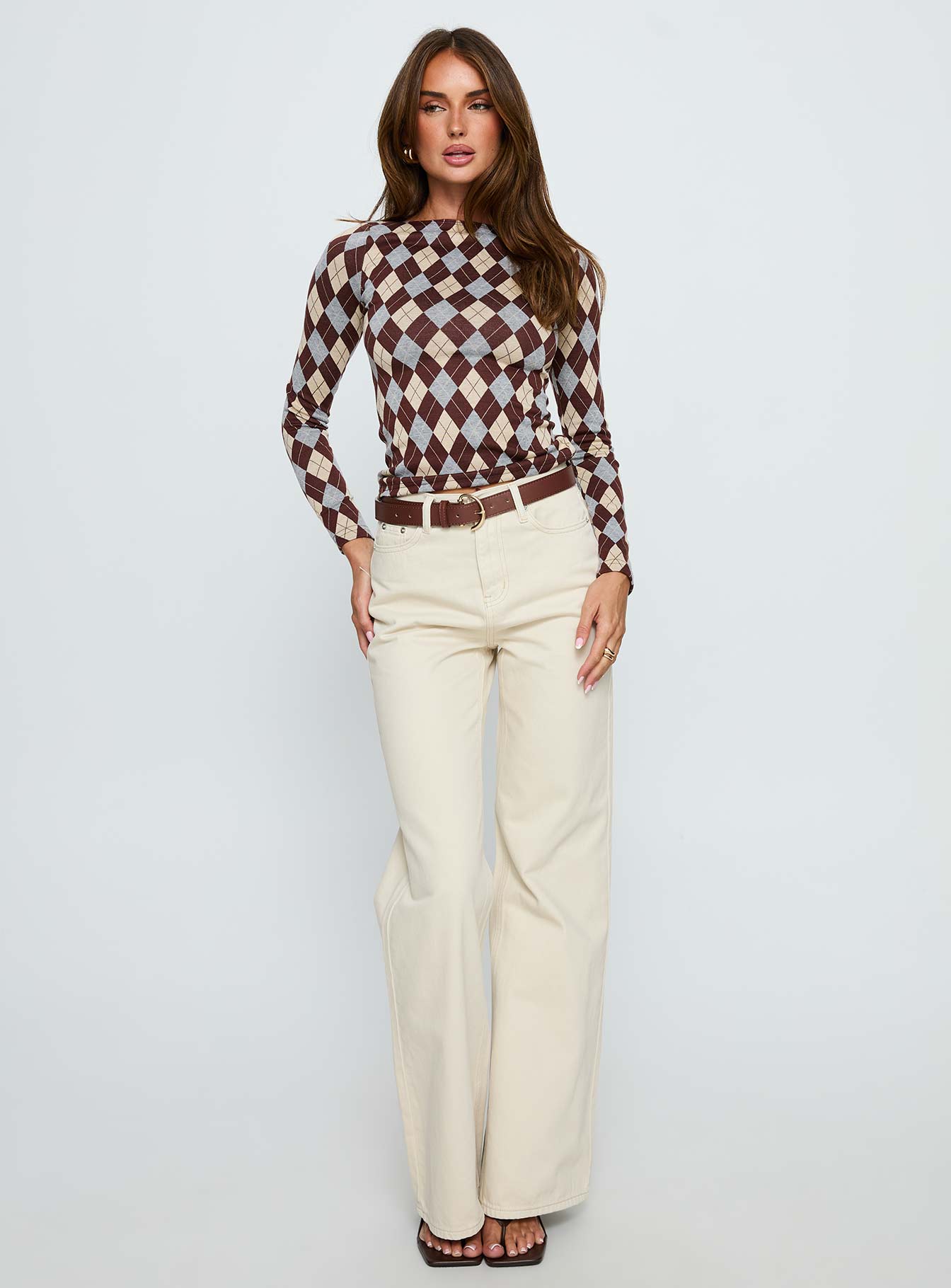 Shonna Boat Neck Long Sleeve Top Argyle - Image 3
