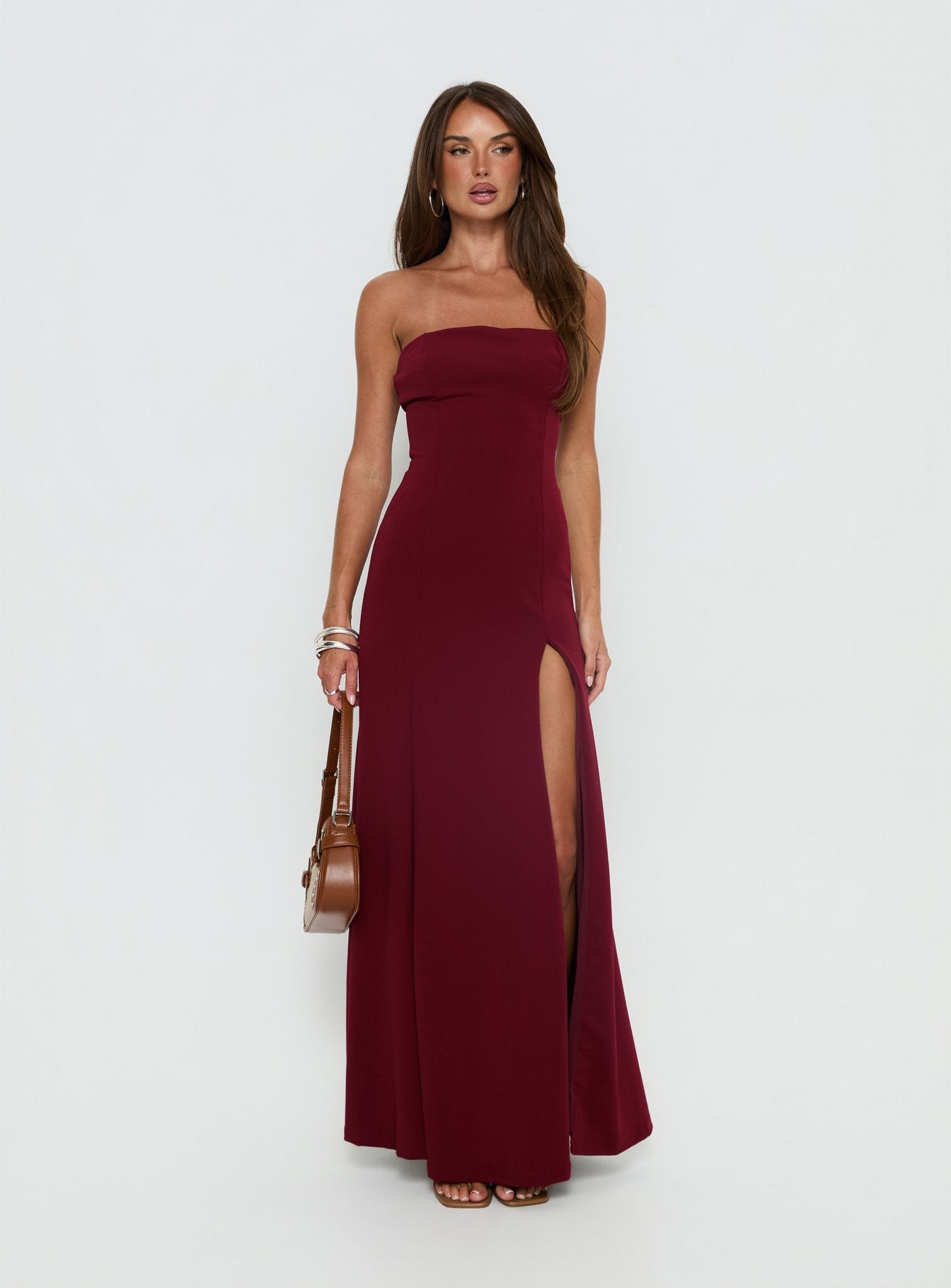 Diamanti Strapless High Slit Maxi Dress Burgundy - Image 3