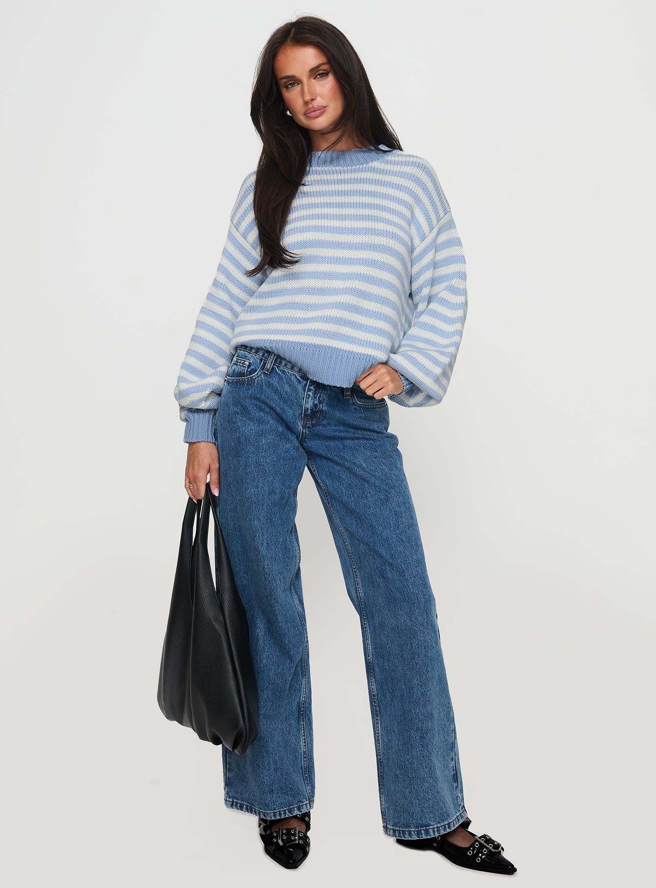 Harmony Balloon Sleeve Knit Sweater Blue / White Stripe - Image 3