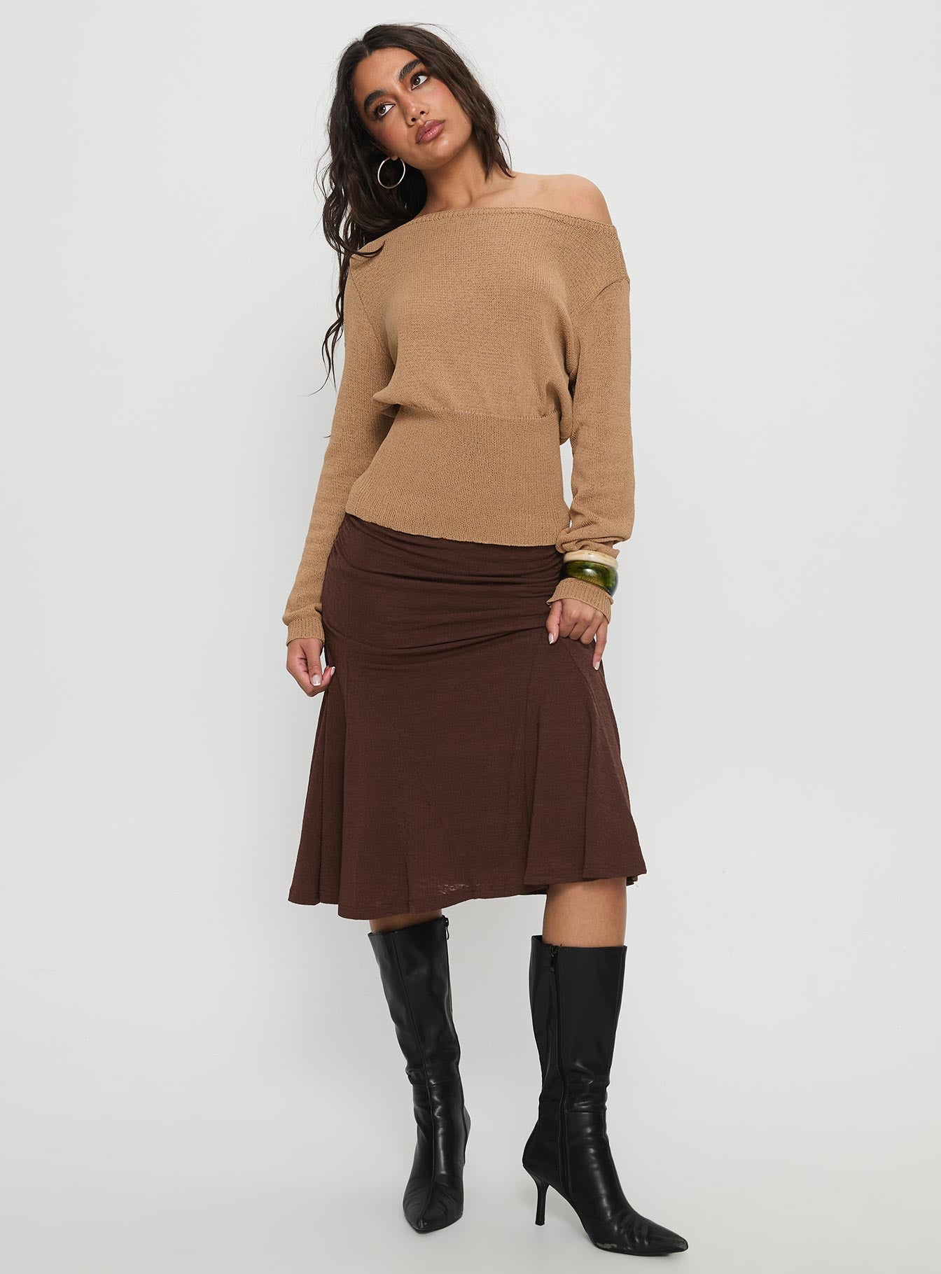 Xaria Off Shoulder Knit Sweater Tan - Image 3