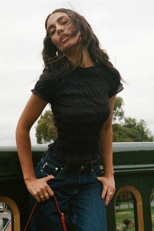 Romelle Shirred Top Black / Brown Plaid Petite