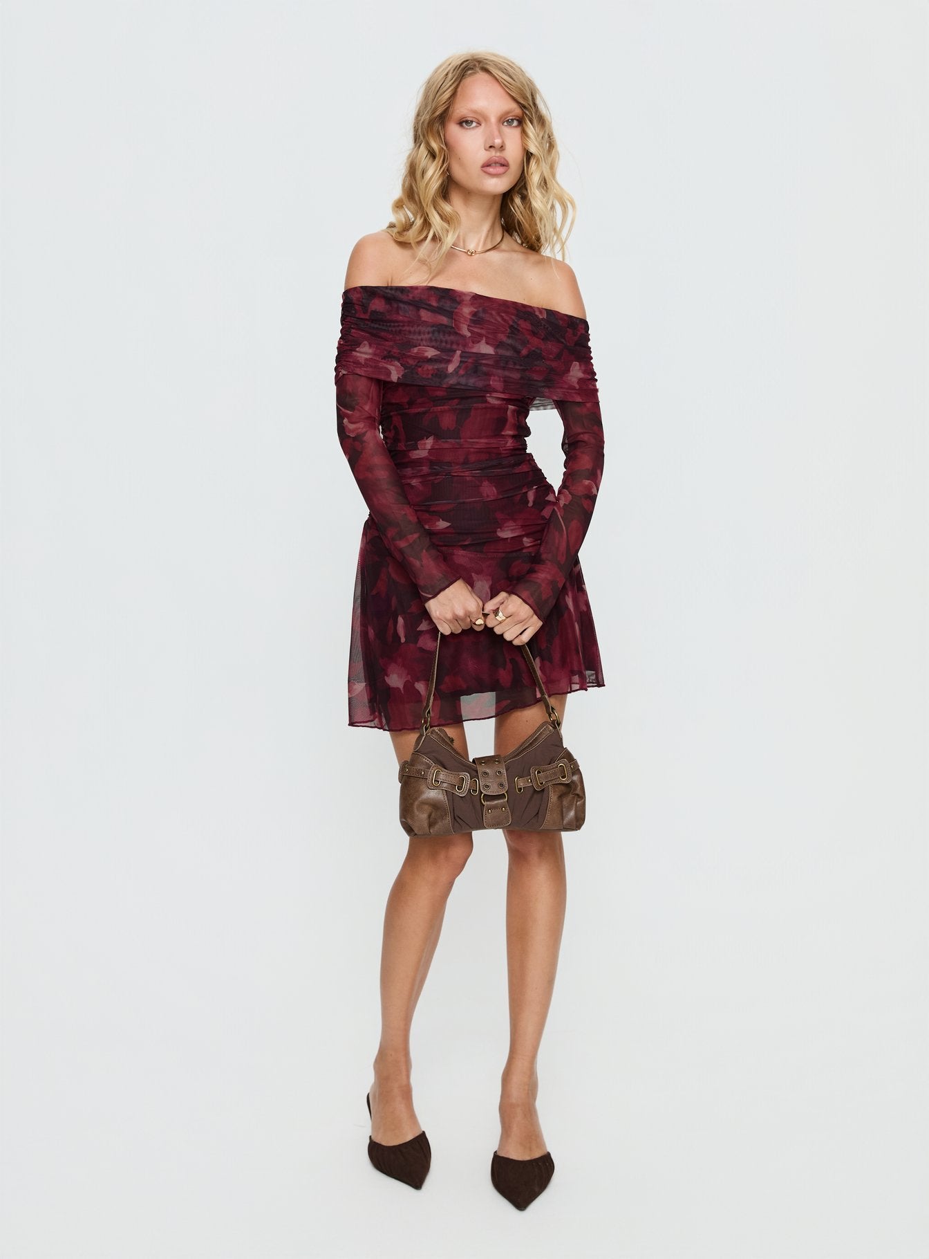 Marrissa Off Shoulder Long Sleeve Mini Dress Burgundy Floral - Image 2
