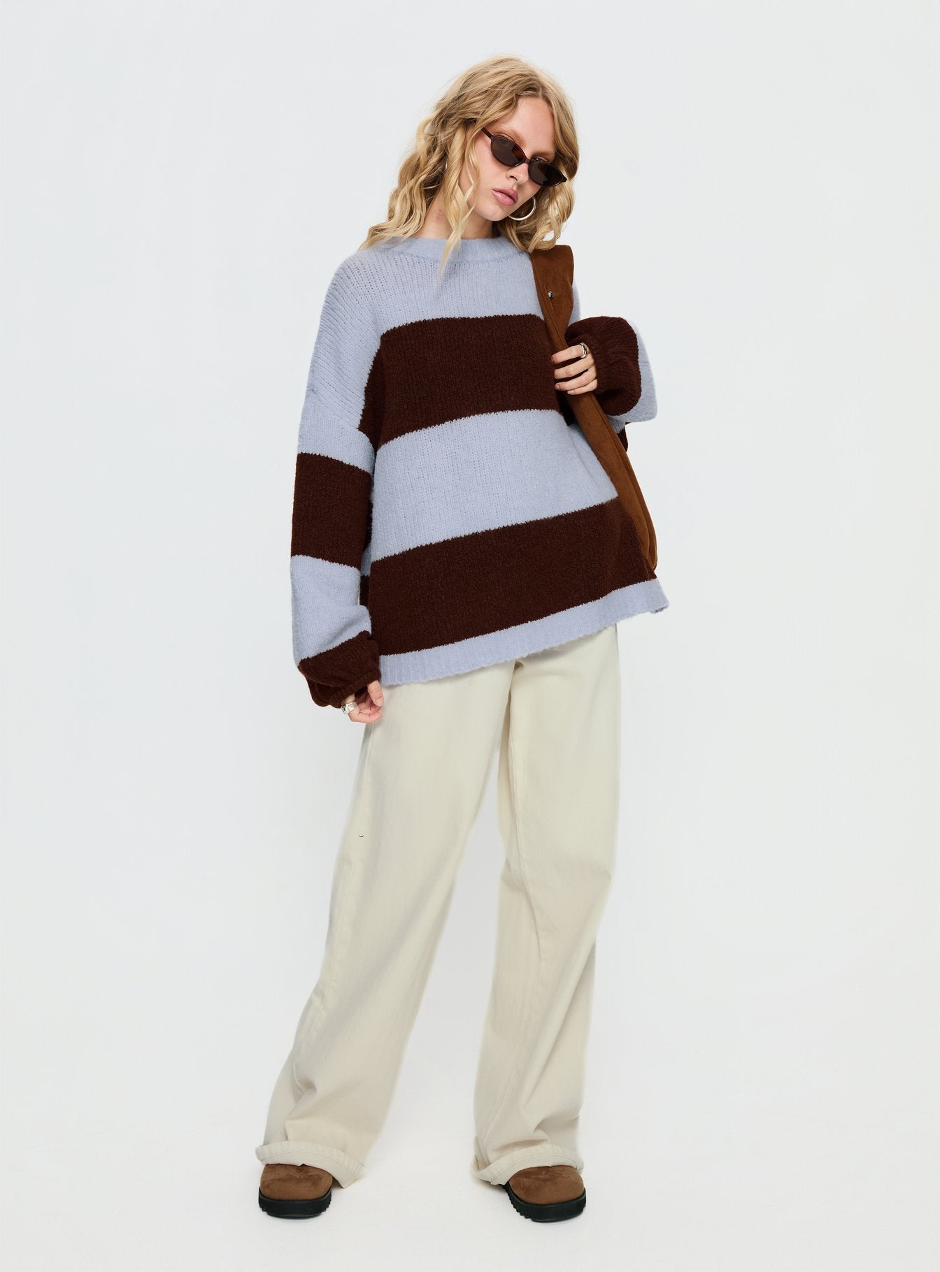 Bastien Crew Neck Knit Sweater Blue / Chocolate Stripe - Image 3