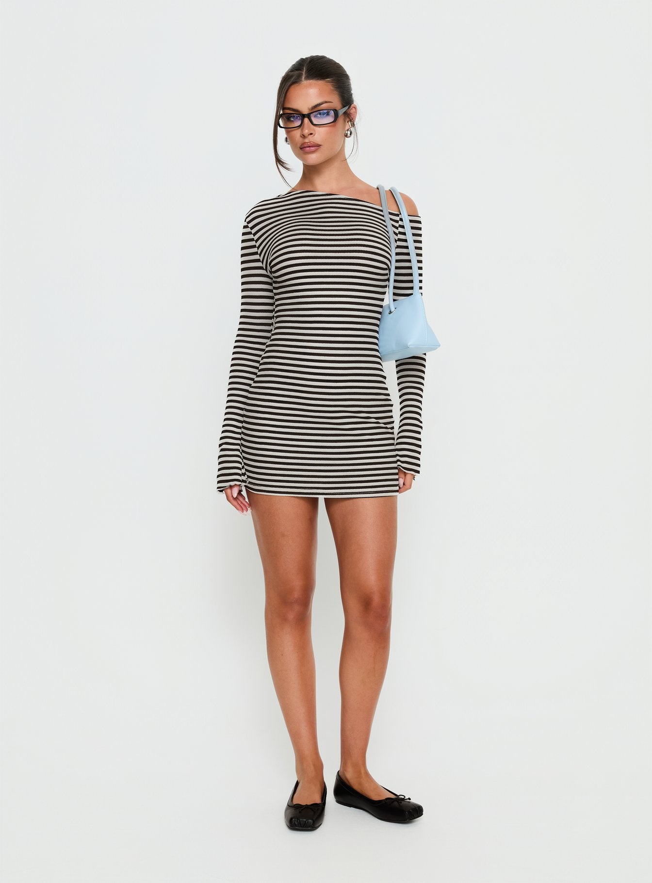 Journi Off Shoulder Long Sleeve Mini Dress Black / White Stripe - Image 3