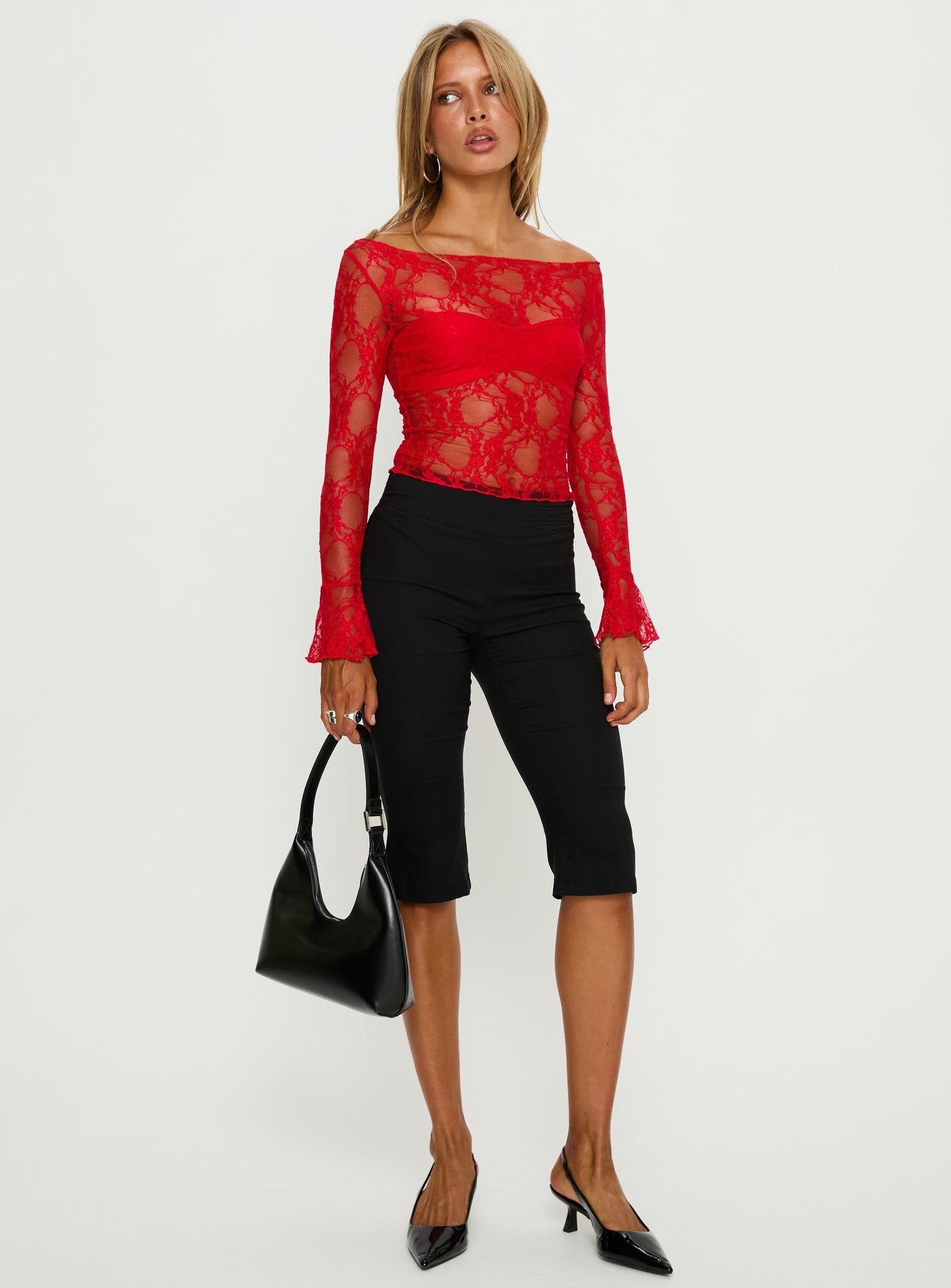 Junah Sheer Lace Long Sleeve Top Red - Image 2