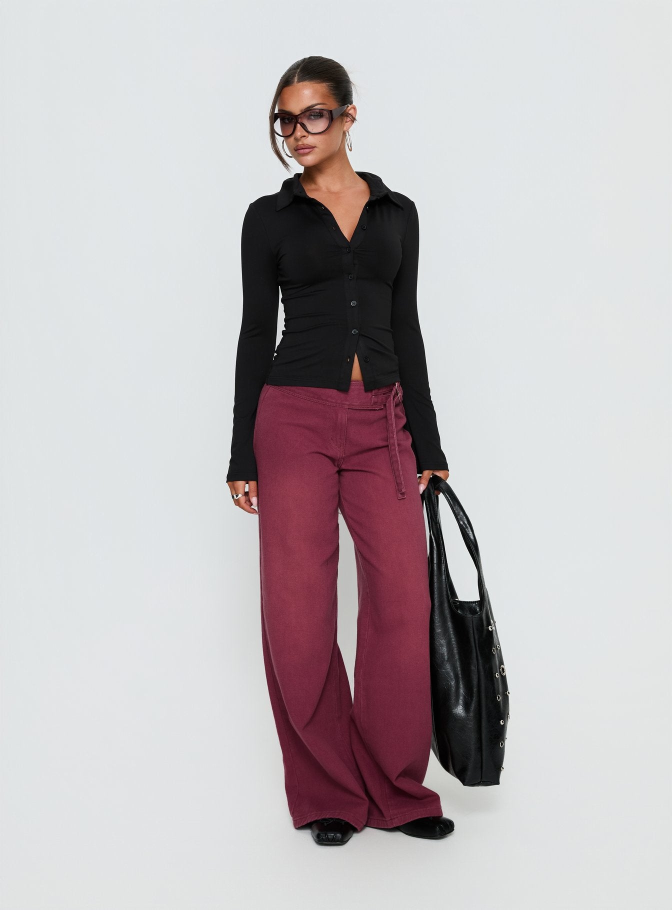 Boxie Mid Rise Wide Leg Jeans Washed Burgundy - Image 3