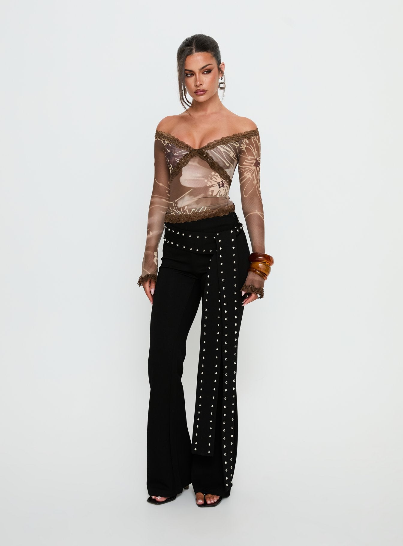 Katlyne Long Sleeve Lace Trim Top Brown Floral - Image 3