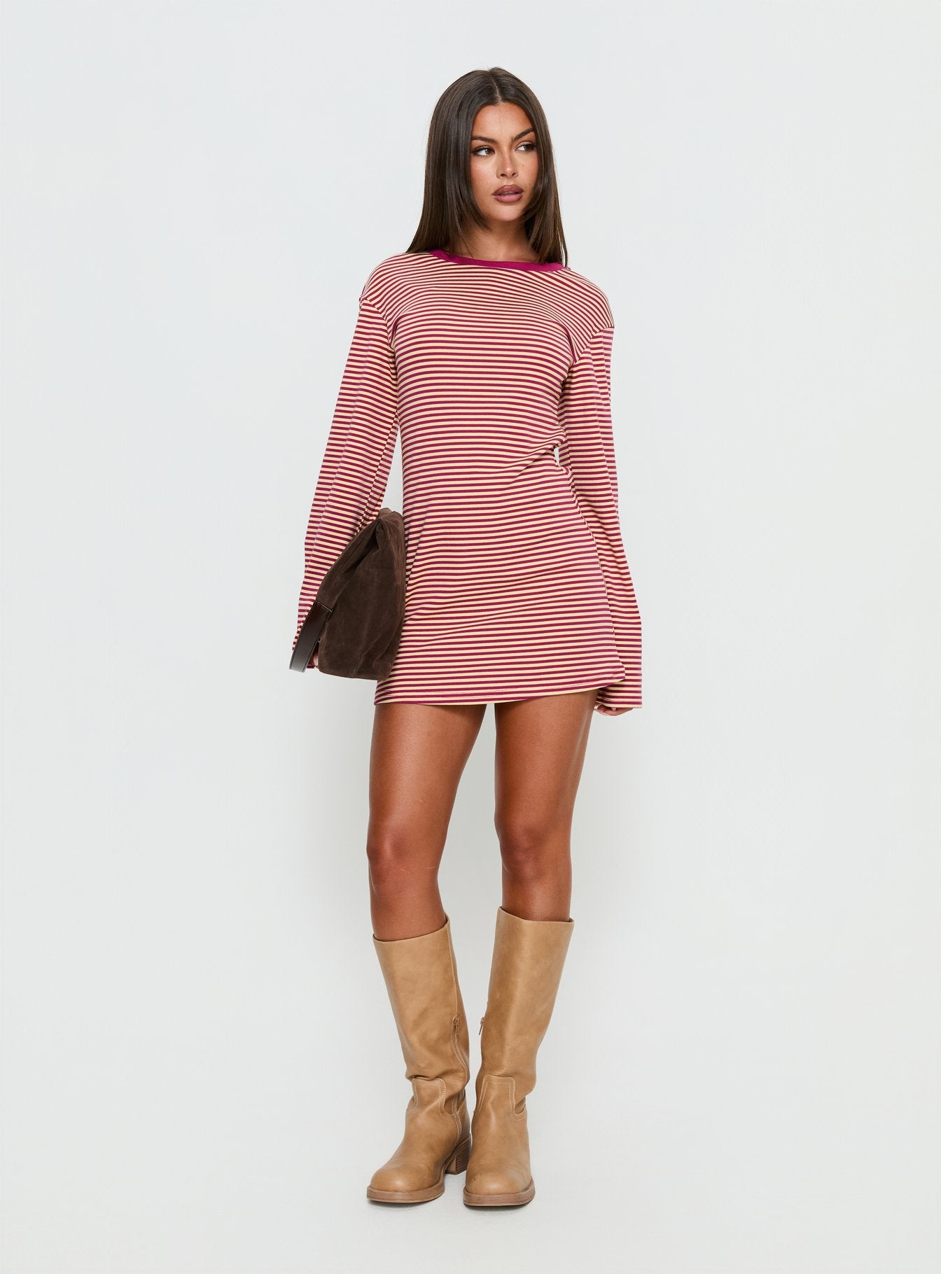 Lulolah Long Sleeve Mini Dress Lemon / Burgundy Stripe - Image 3
